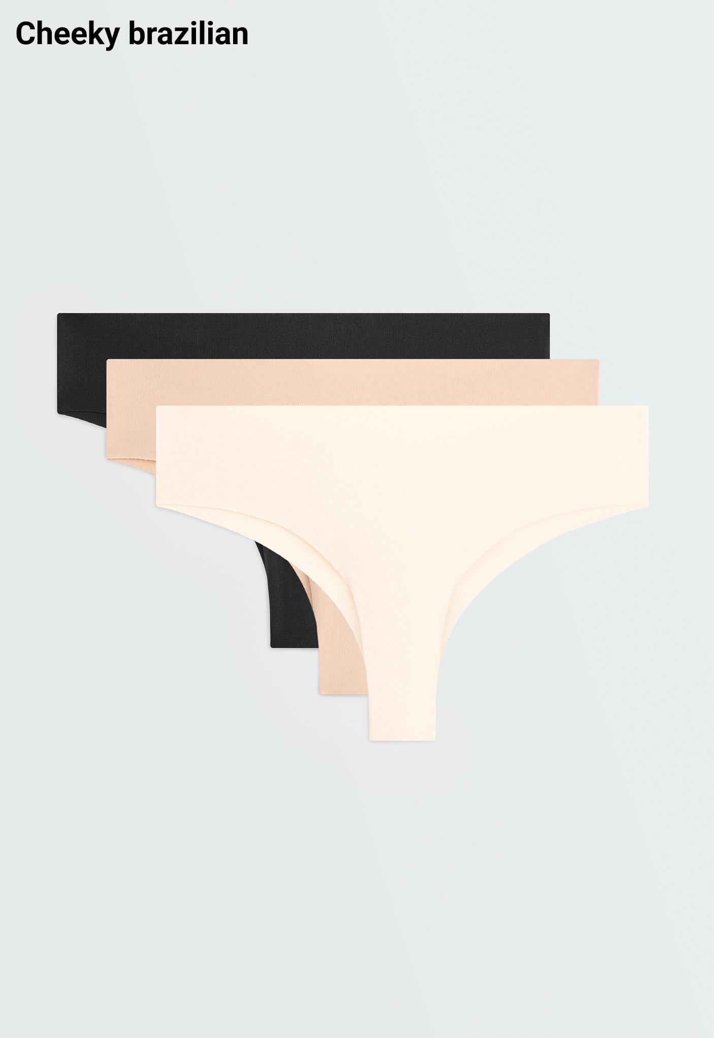 3 invisible cotton blend laser-cut Brazilian briefs — BEIGE
