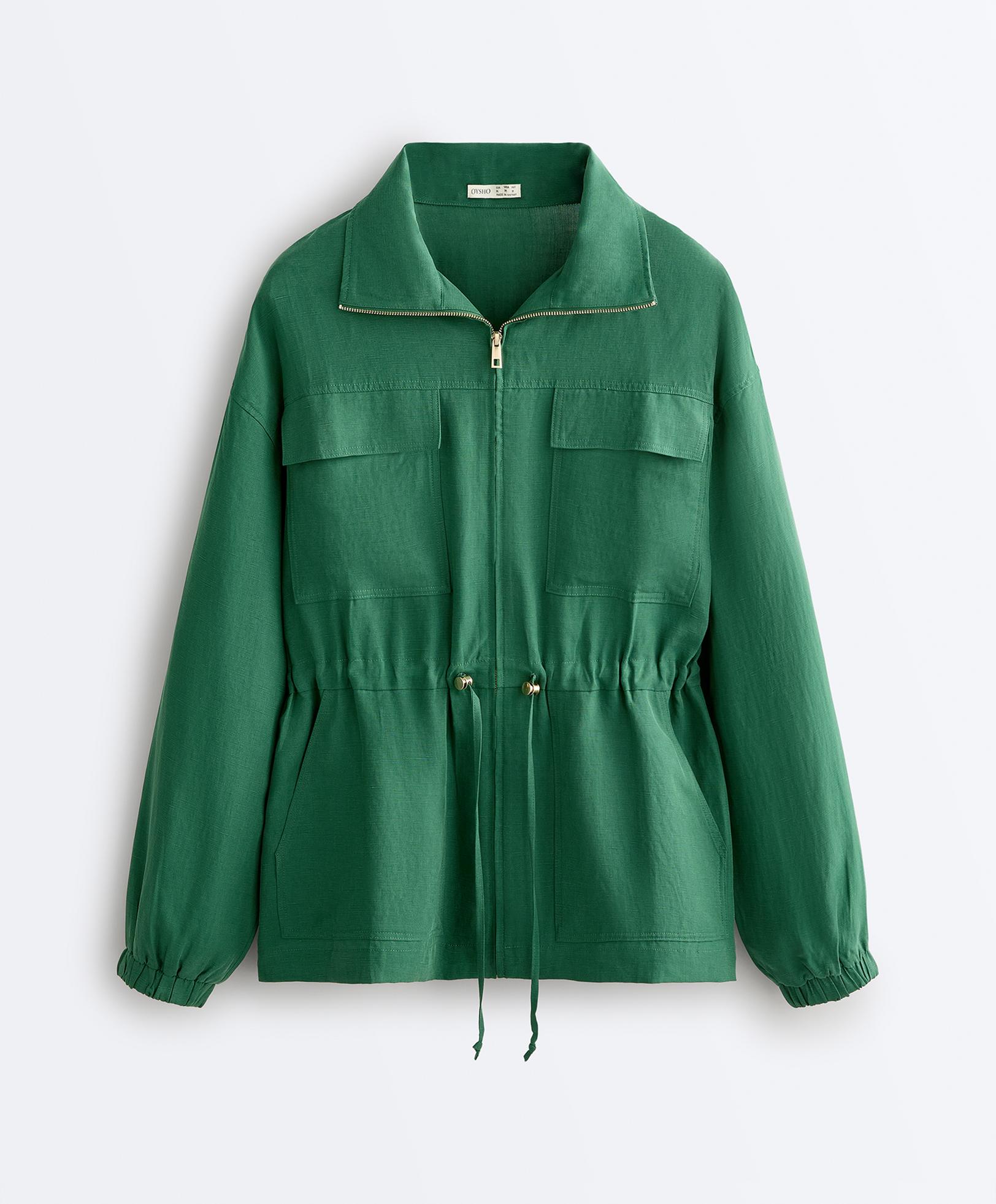 Lyocell and 24% linen blend ruched waist jacket — EMERALD GREEN