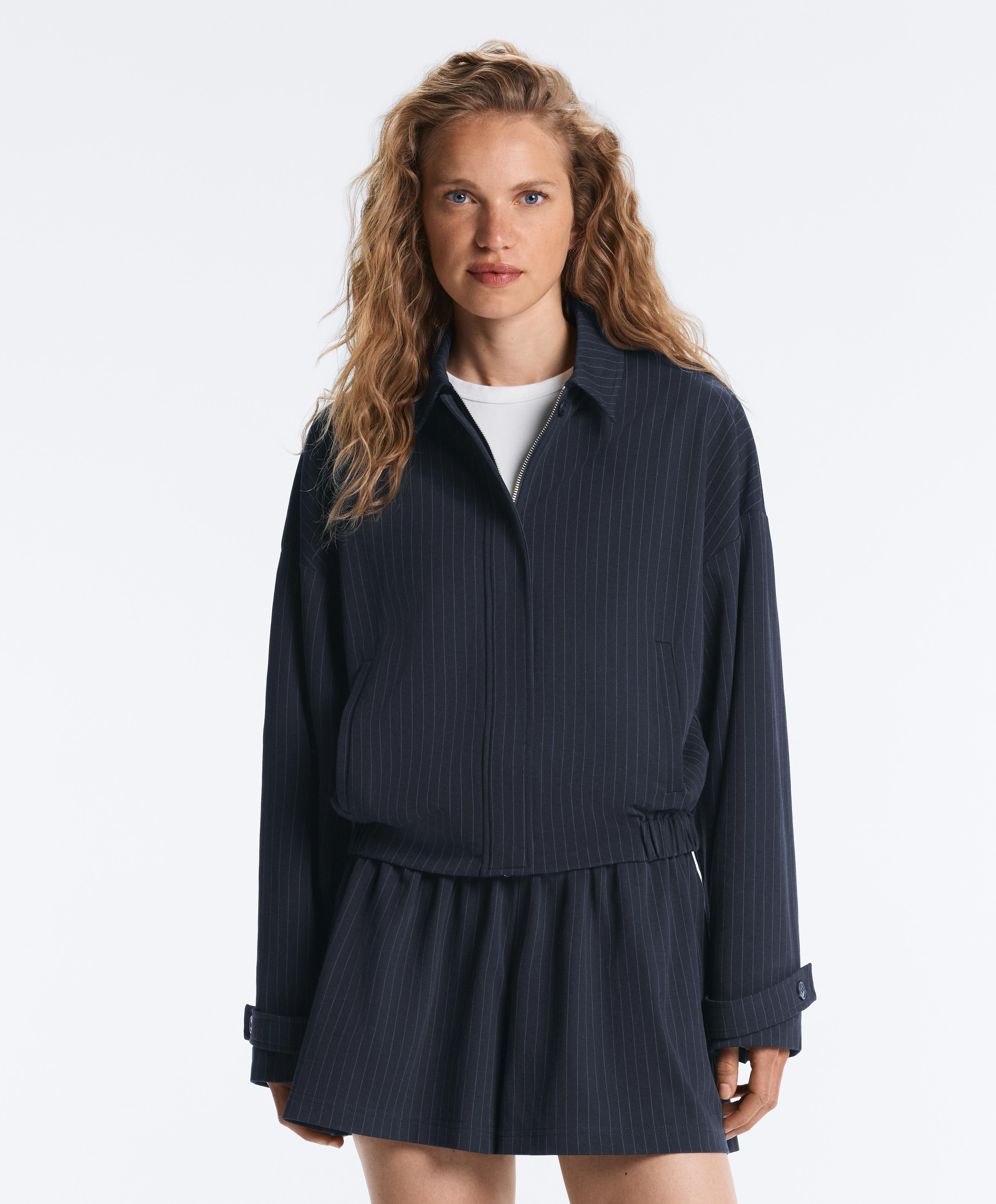 Pinstripe piqué polo neck jacket with cotton