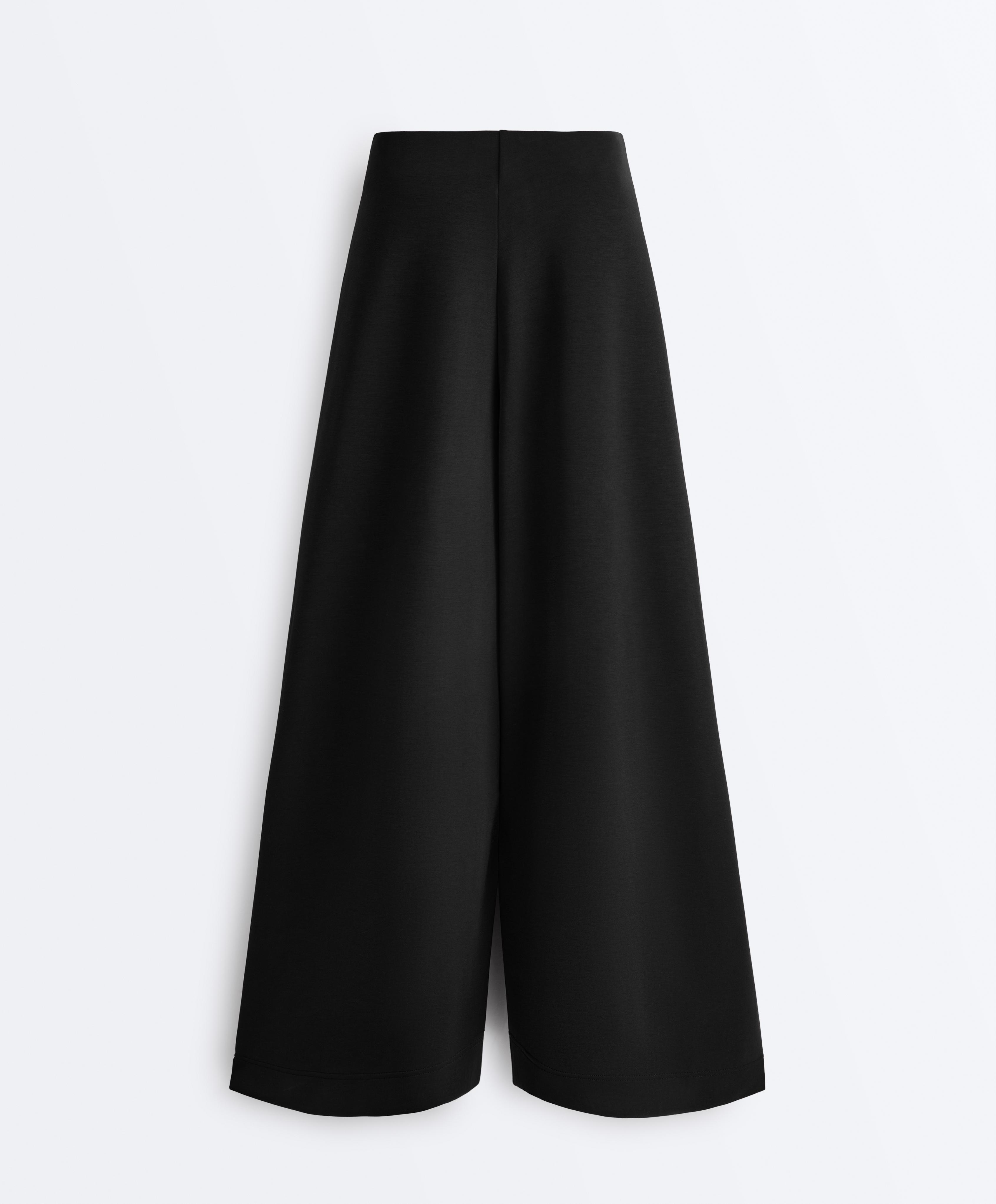 Long wide-leg trousers with soft touch modal and pleats — BLACK