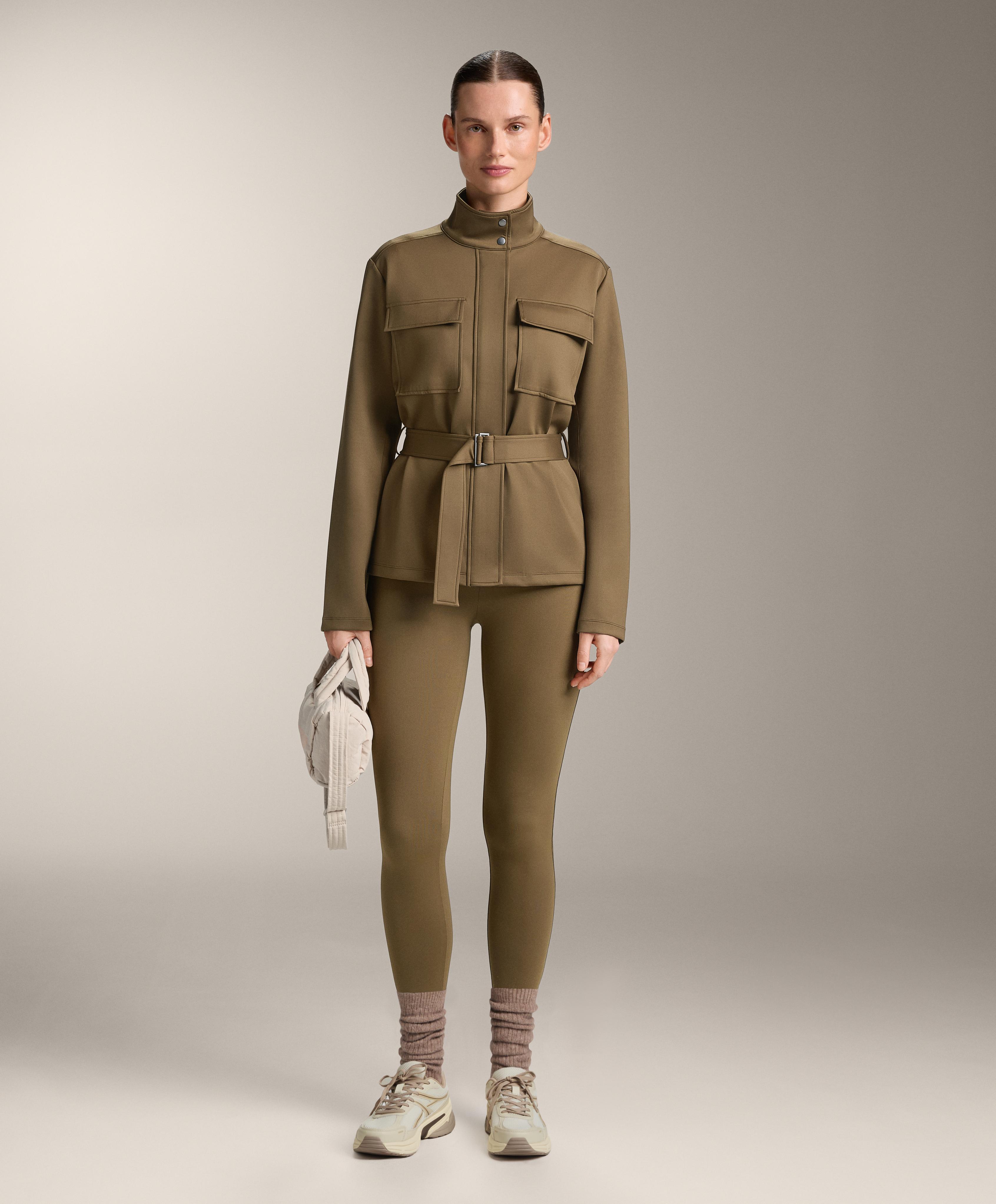 Neoprene-effect jacket with belt — OLIVE GREEN