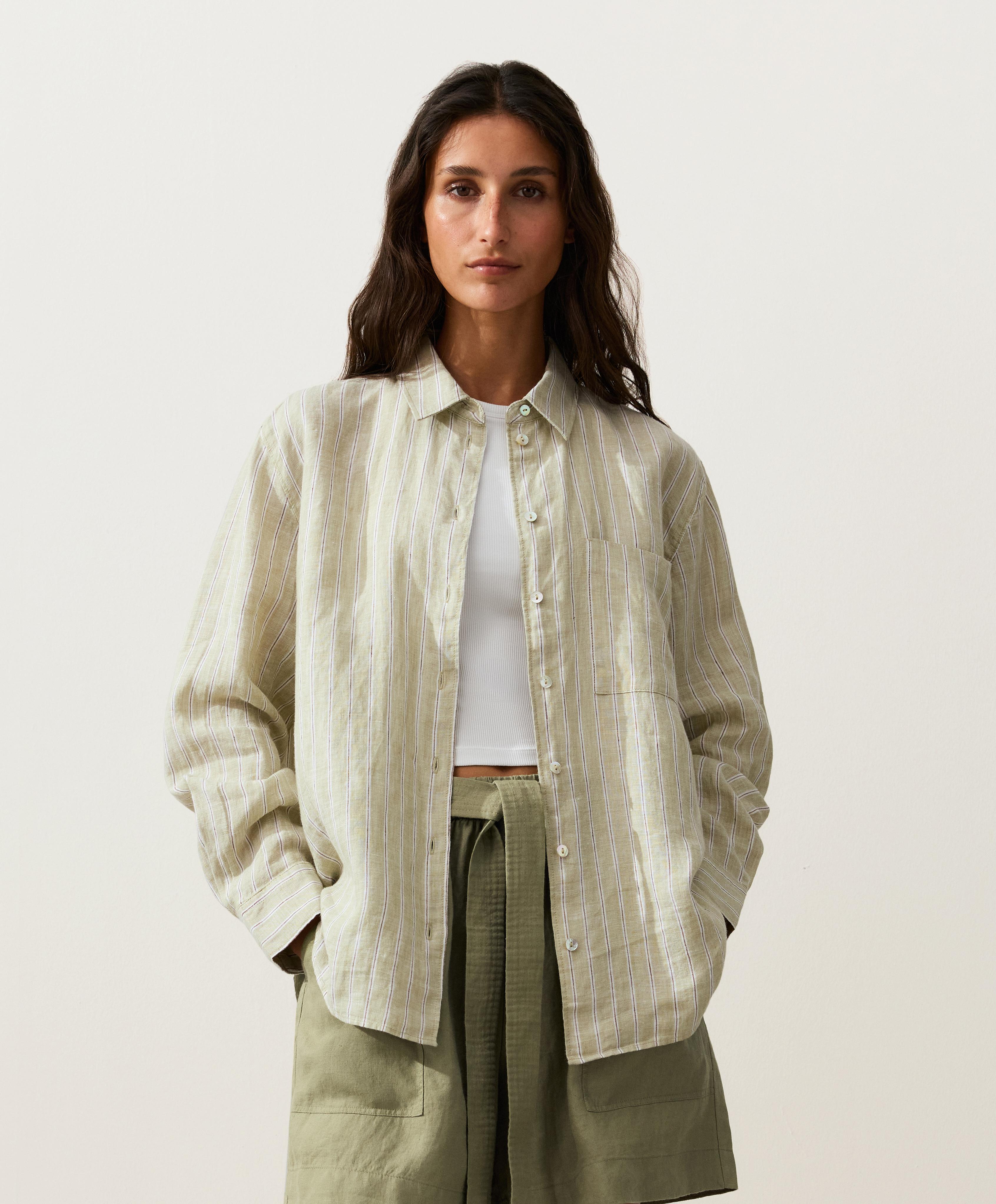 Striped 100% linen relaxed shirt — PALE PISTACHIO