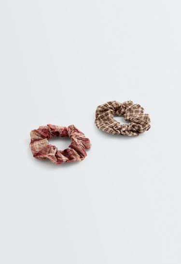 2 100% cotton checked print scrunchies — TAN 1