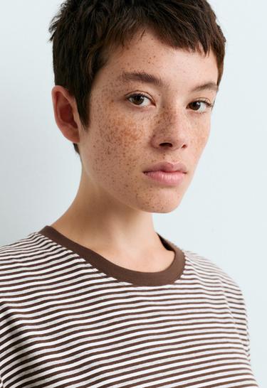 Regular fit striped cotton blend short-sleeved T-shirt — CHOCOLATE       3