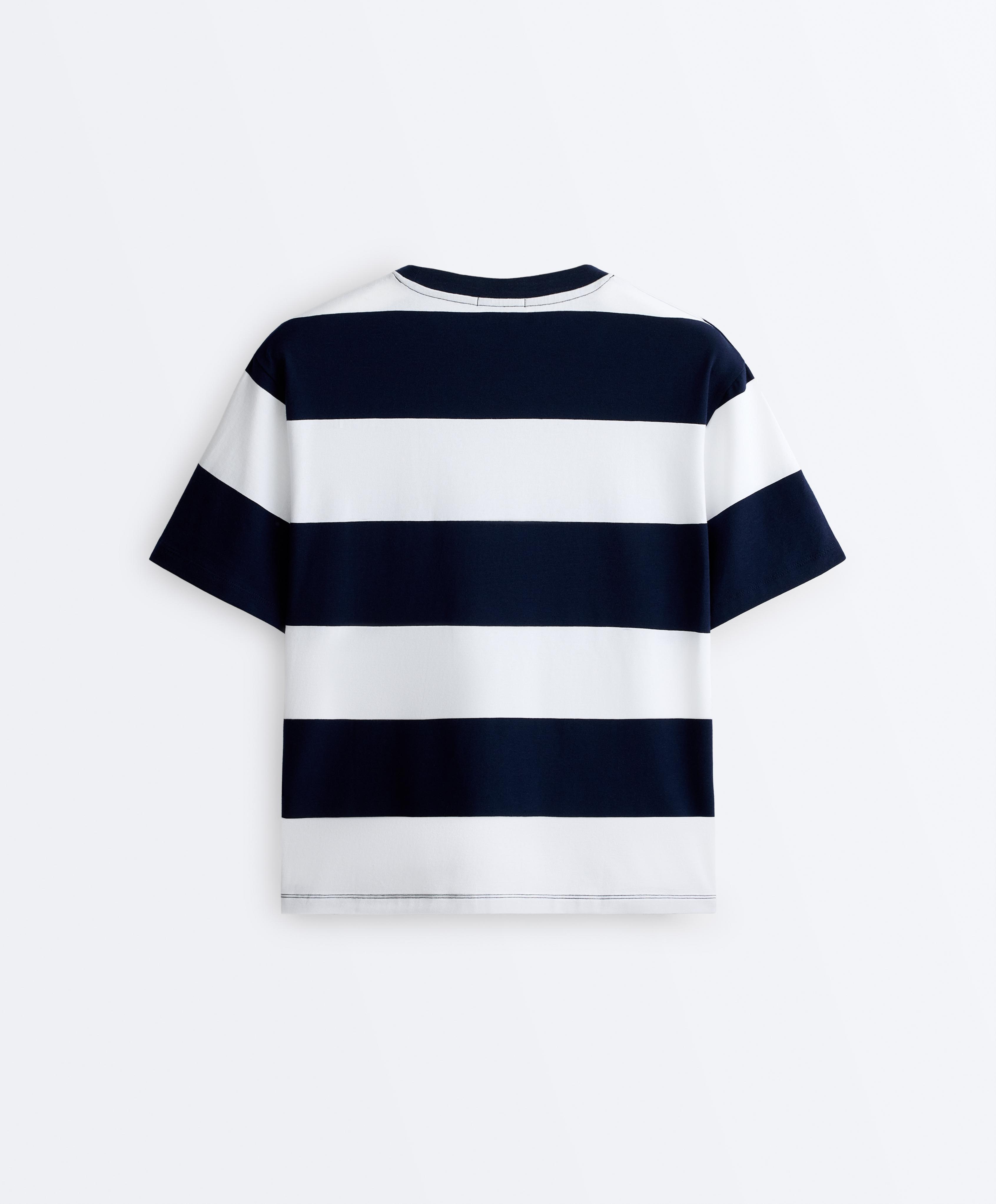 Boxy cotton-blend T-shirt with wide stripes — NAVY BLUE