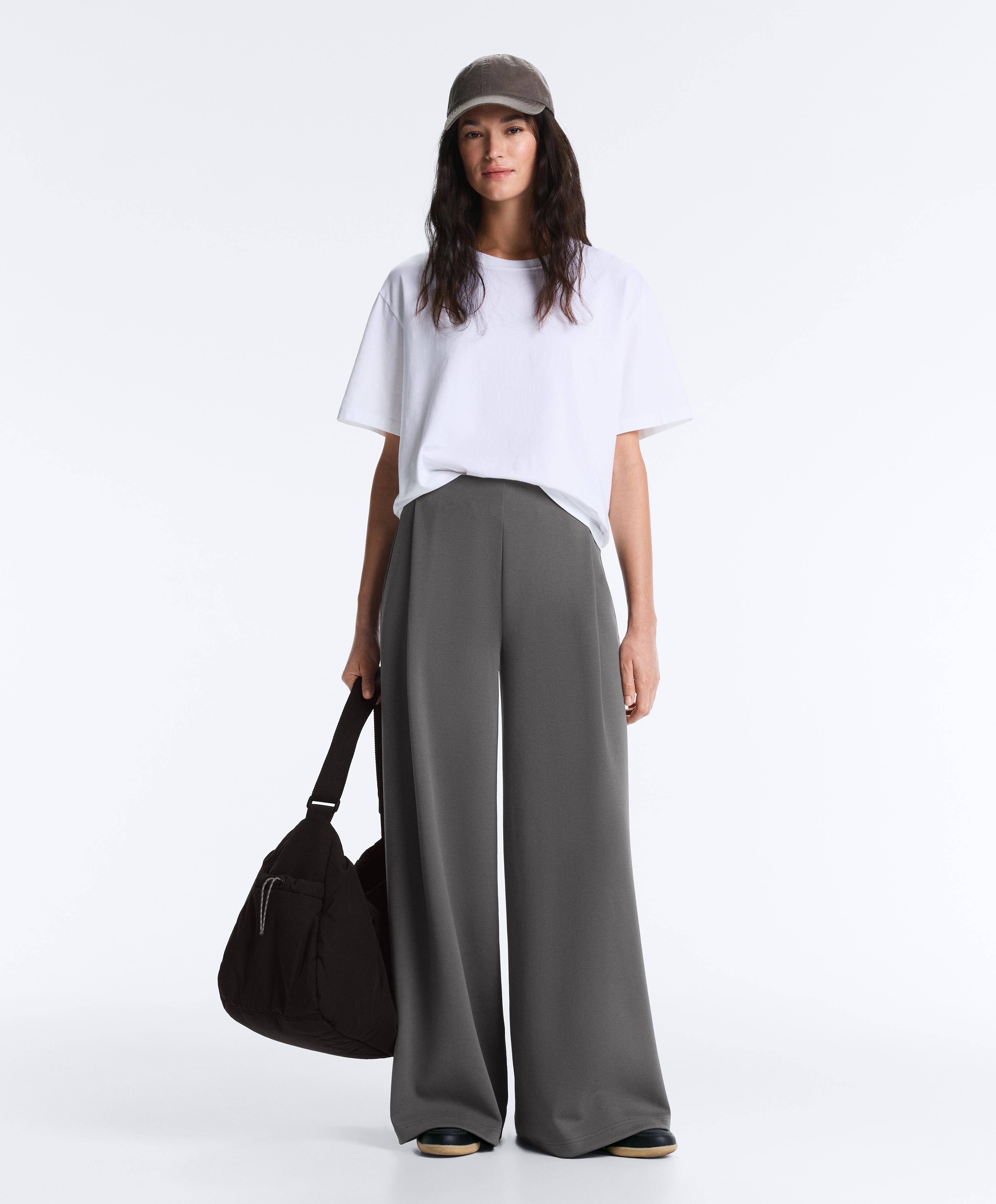 High rise wide-leg piqué cotton trousers — ASPHALT GREY