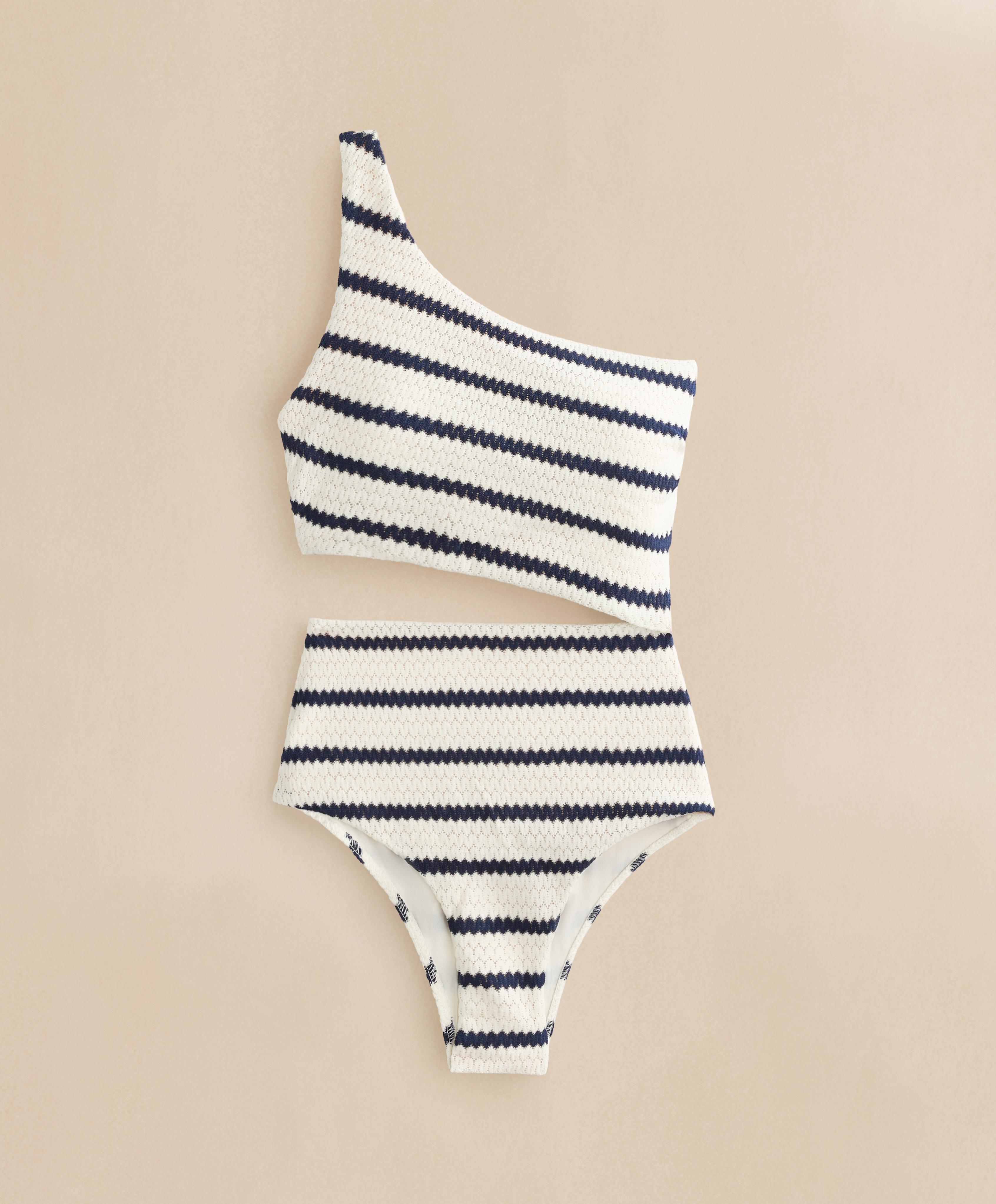 Asymmetric striped crochet trikini — PALE ECRU