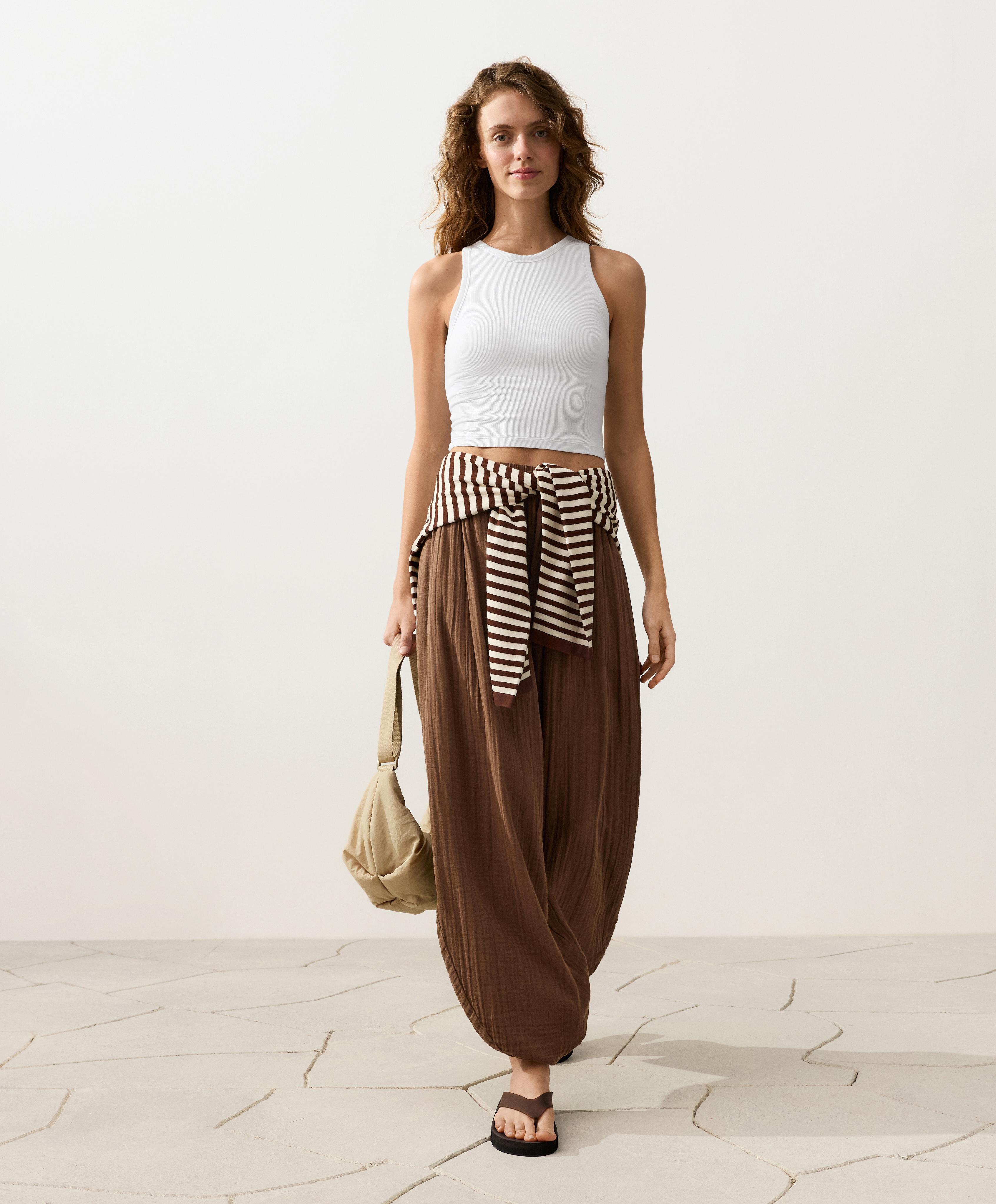 100% cotton muslin balloon trousers — TAN