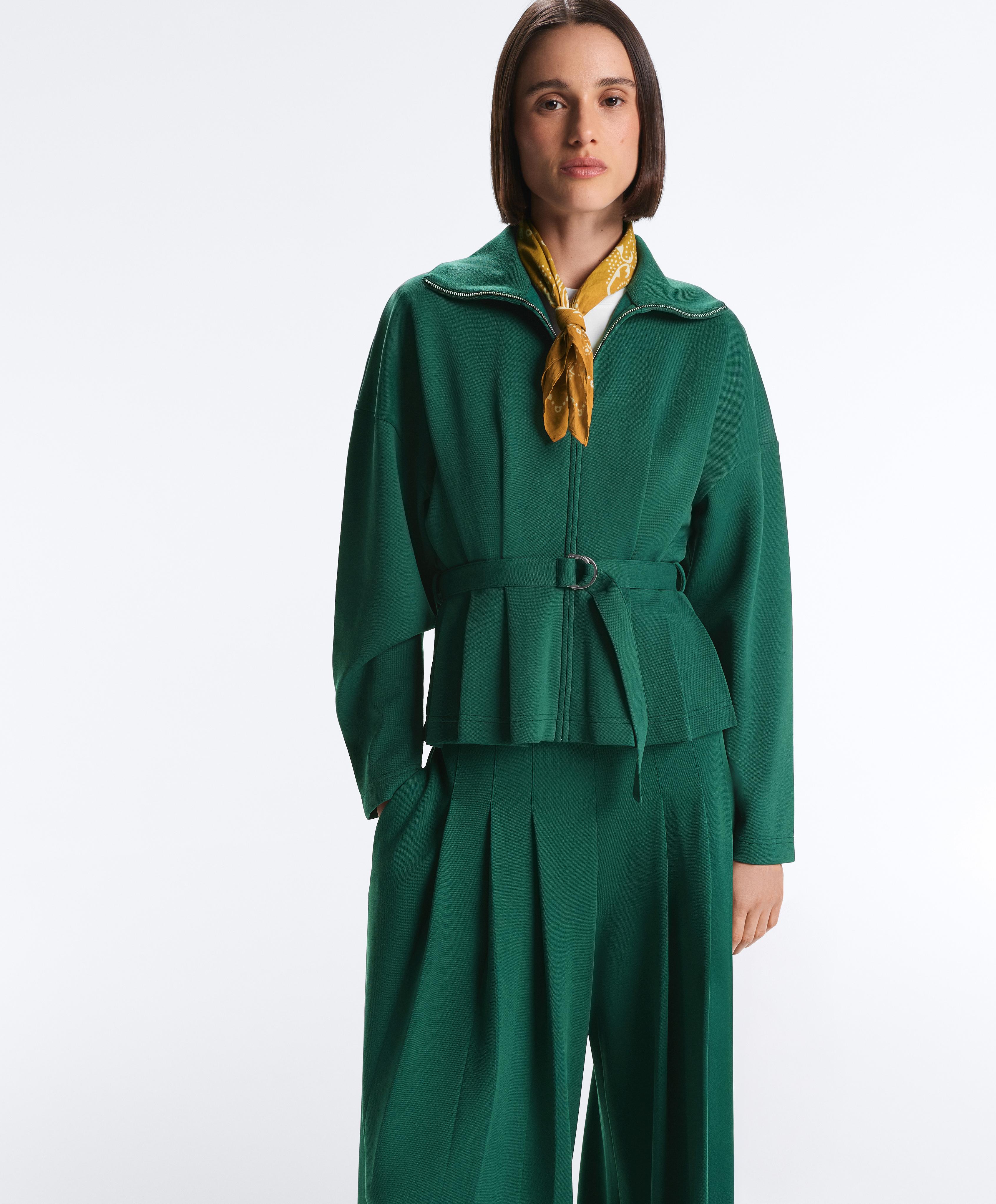 Cotton piqué belted jacket — DARK EMERALD