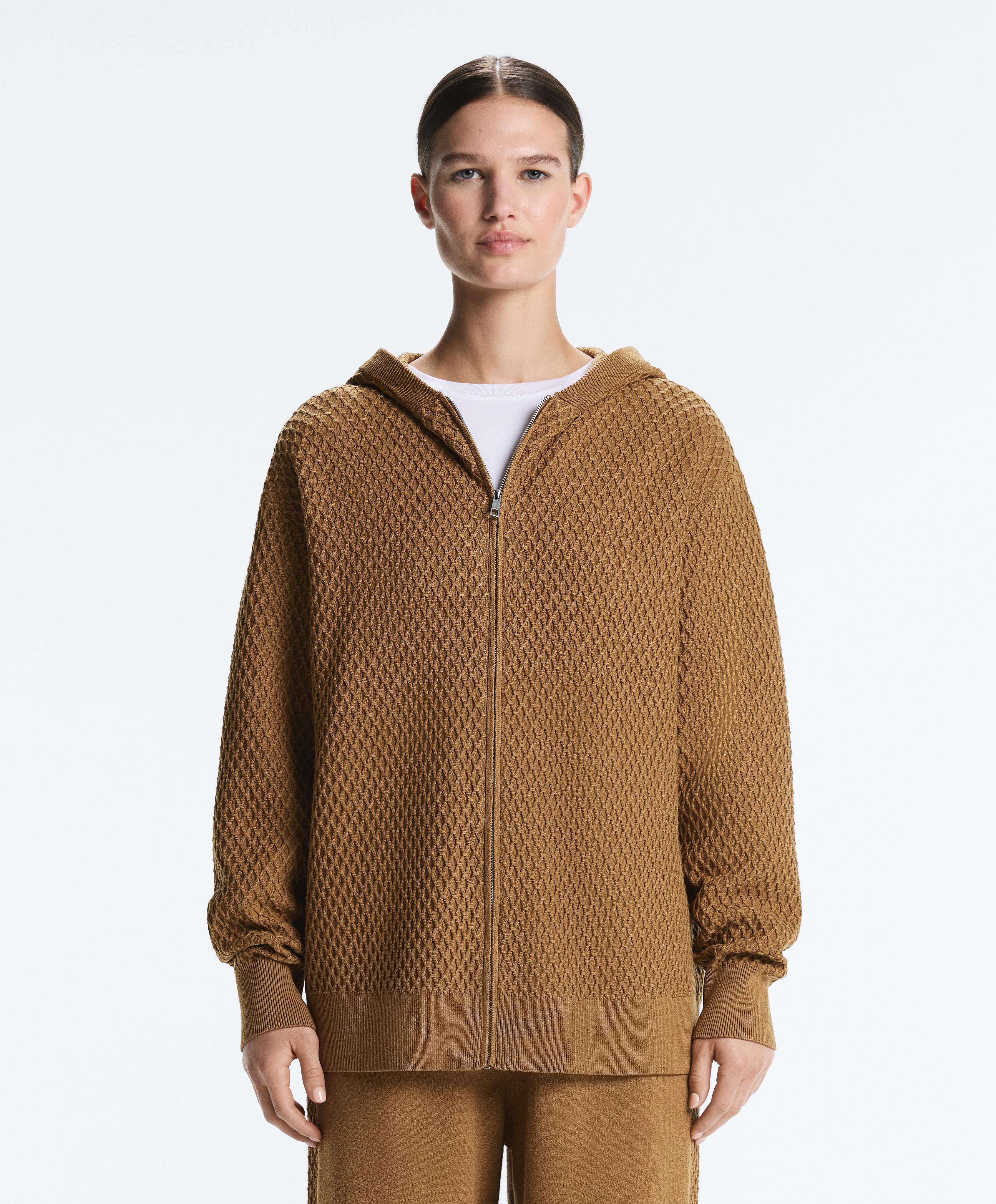 Long structured knit jacket with hood — COPPER