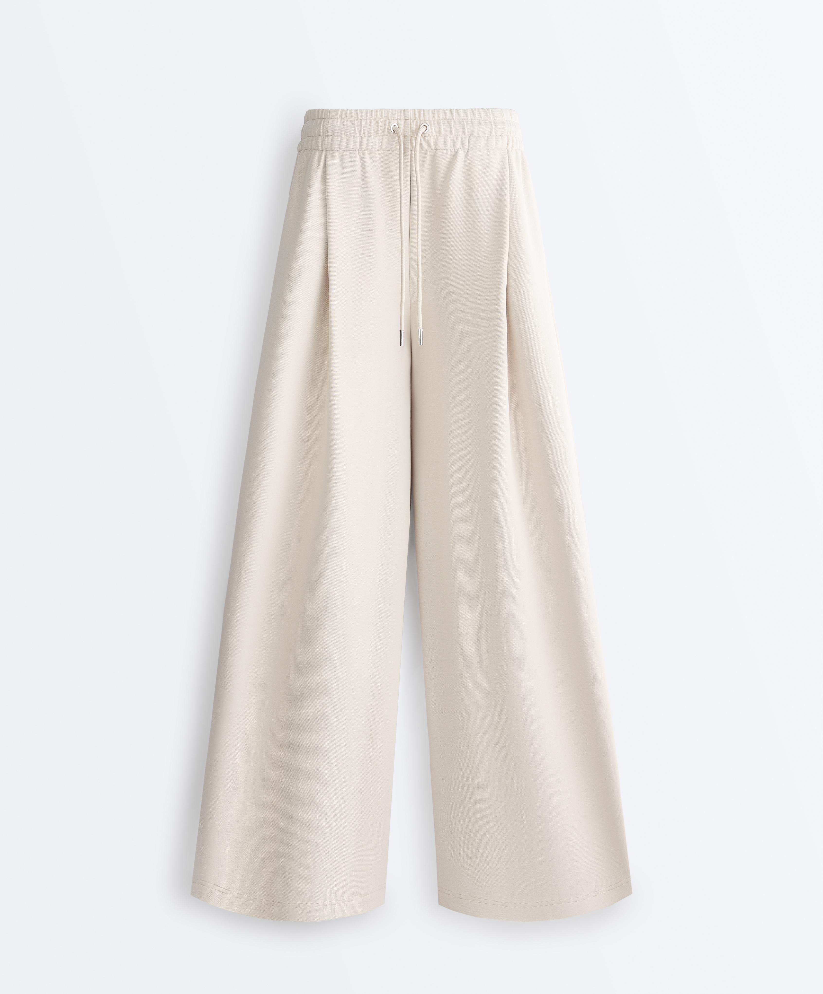 Wide-leg piqué pleat trousers with cotton — PALE MINK