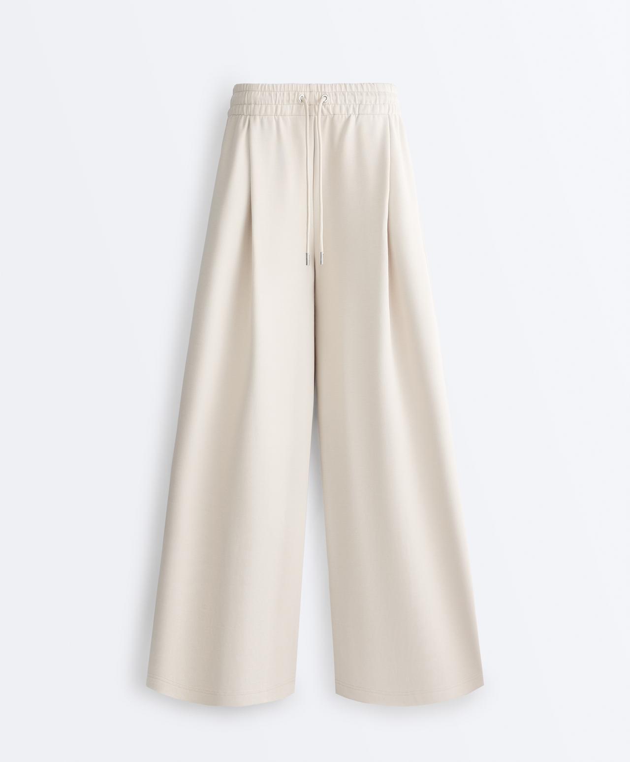 Wide-leg piqué pleat trousers with cotton — PALE MINK