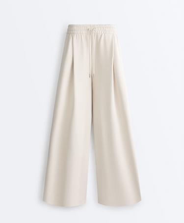 Wide-leg piqué pleat trousers with cotton — PALE MINK 8