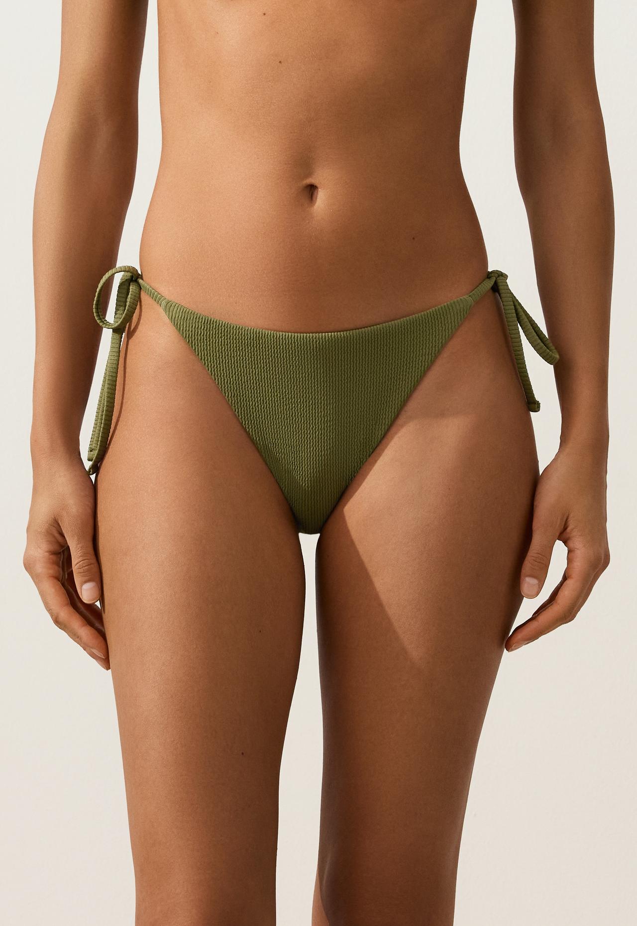 Medium-coverage tie rib bikini briefs — LIGHT KHAKI
