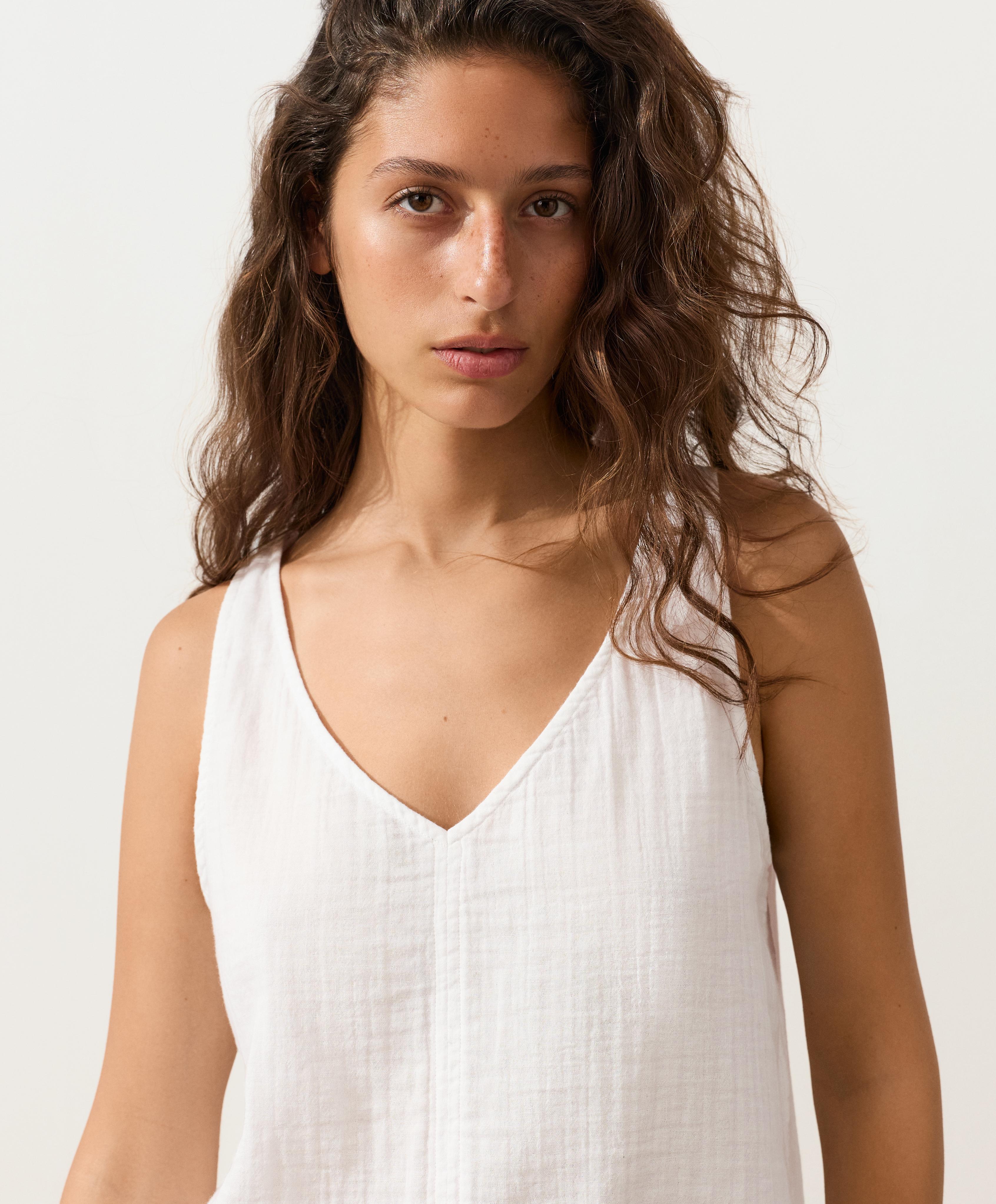 100% cotton gauze V-neck strappy top — WHITE 