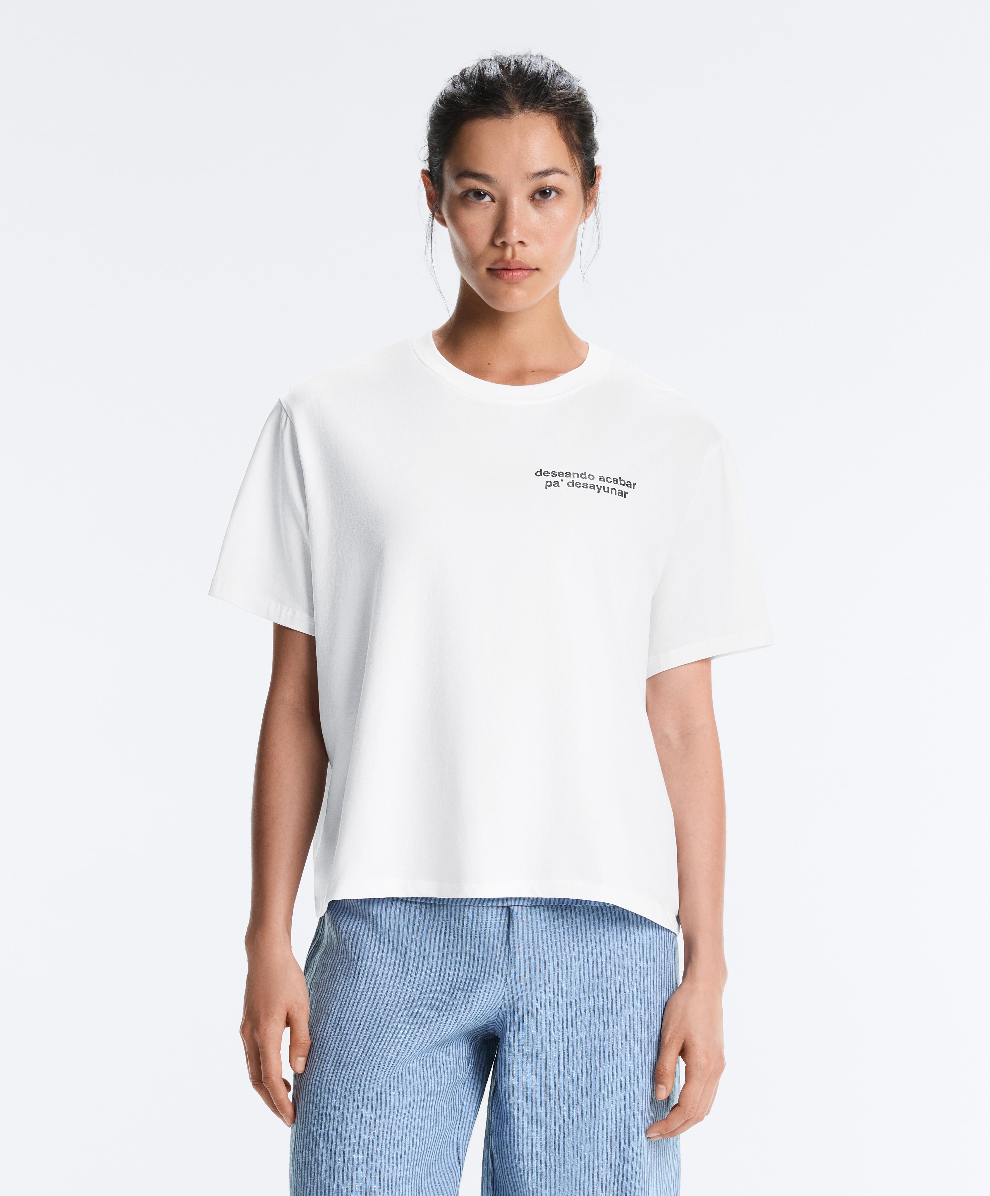 Boxy cotton blend T-shirt with slogan — WHITE