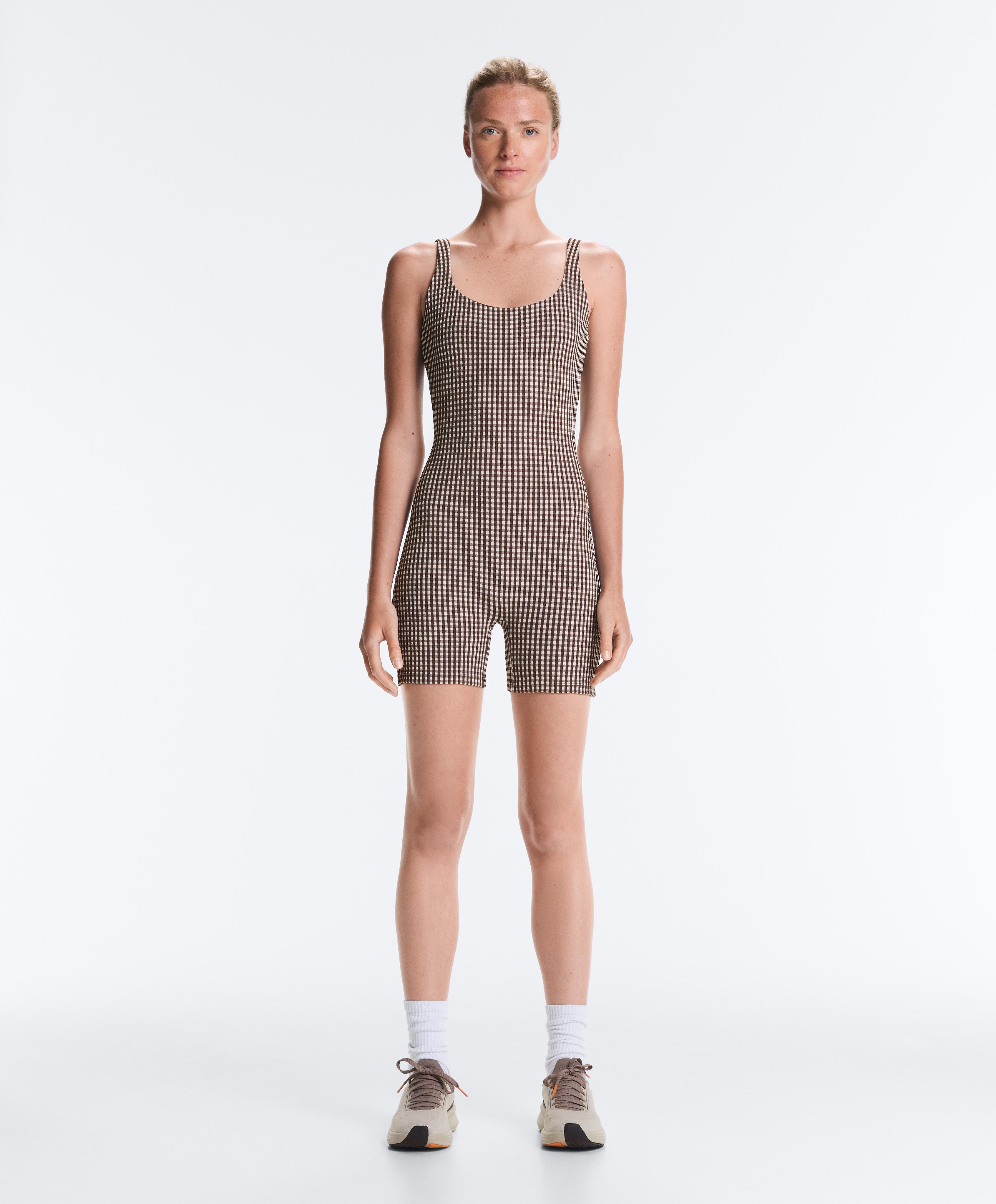 Comfortlux gingham short jumpsuit — DARK REDDISH‑BROWN