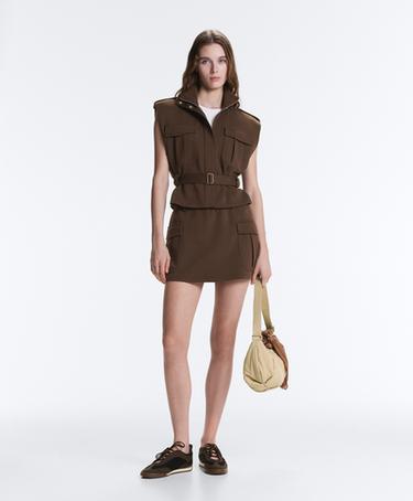 Short piqué skirt with cotton pockets — DARK BROWN 3