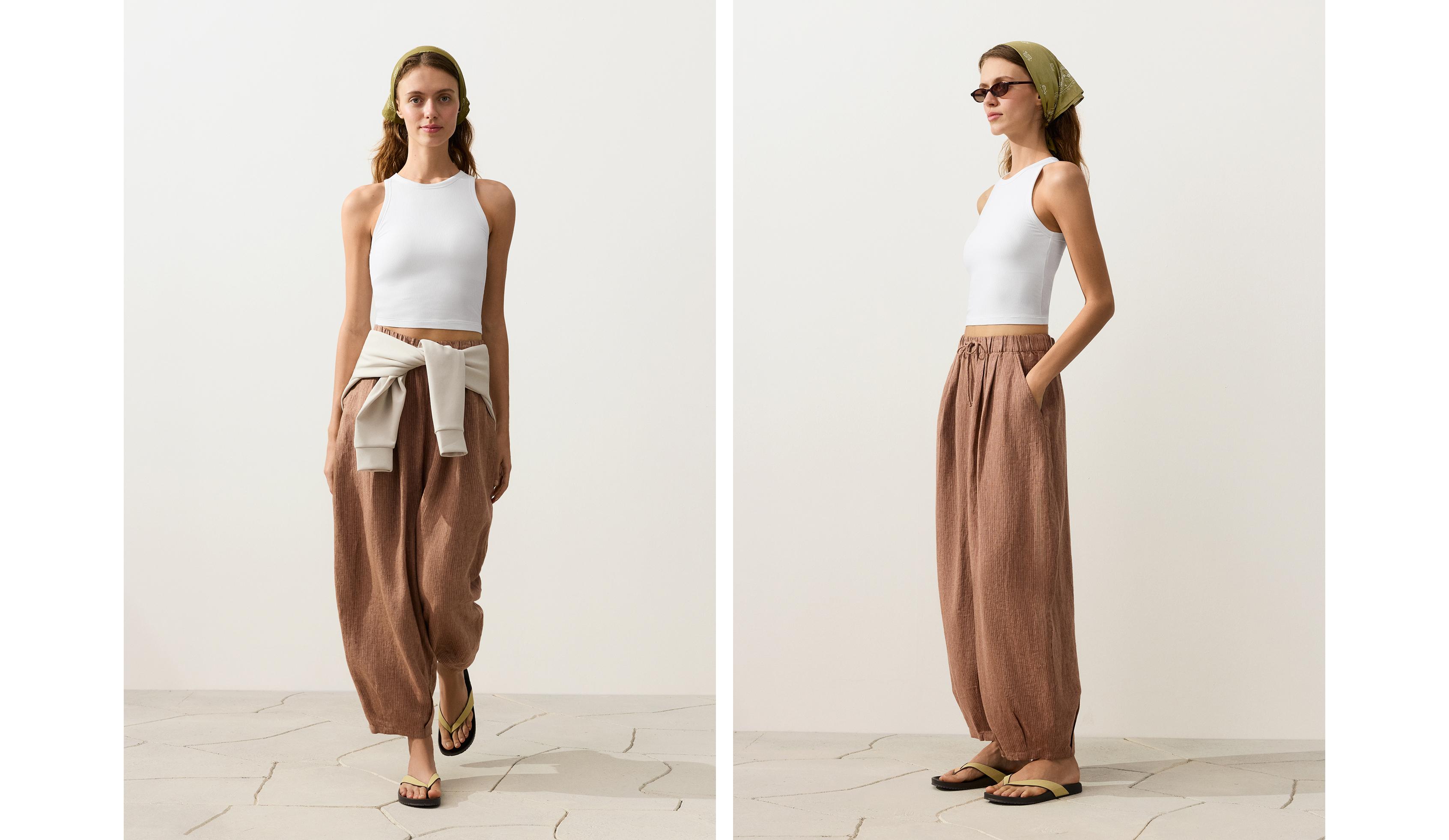 100% linen striped balloon trousers — TAN MELANGE