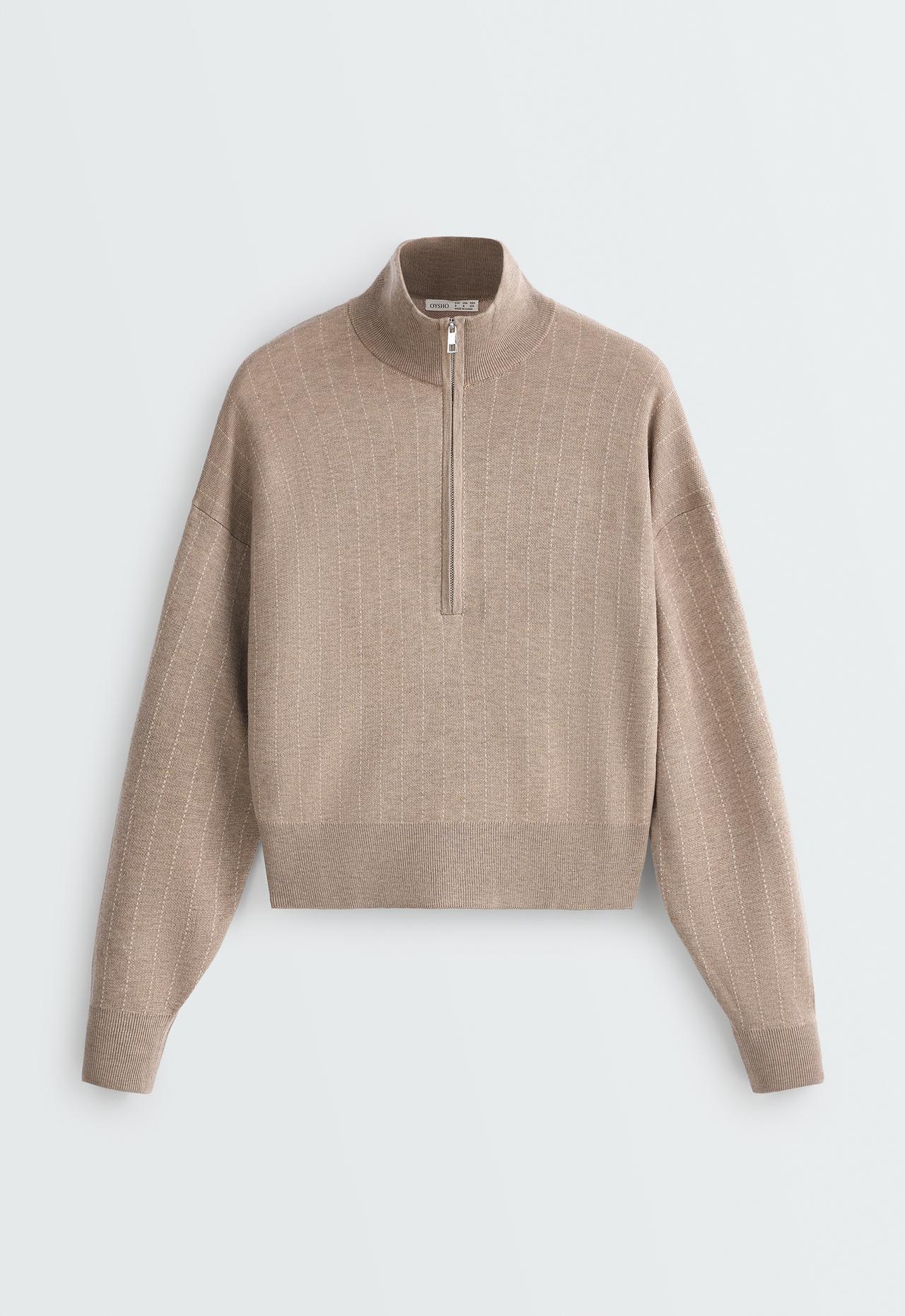 Pinstripe half-zip knit jumper — DARK NOUGAT