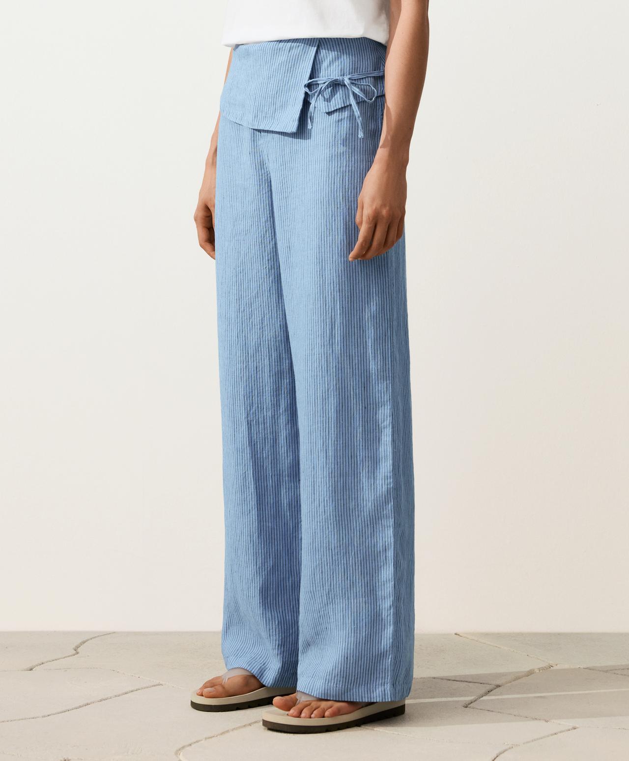 100% linen straight-leg trousers with turn-up waist — MID WASHED GREY-BLUE