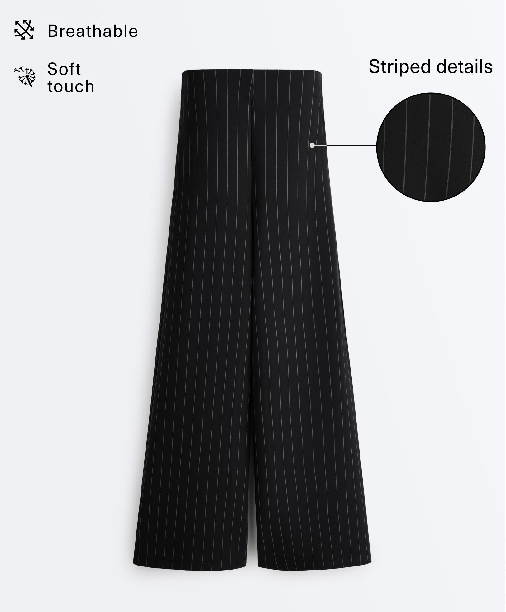 Soft touch pinstripe wide leg high rise trousers — BLACK