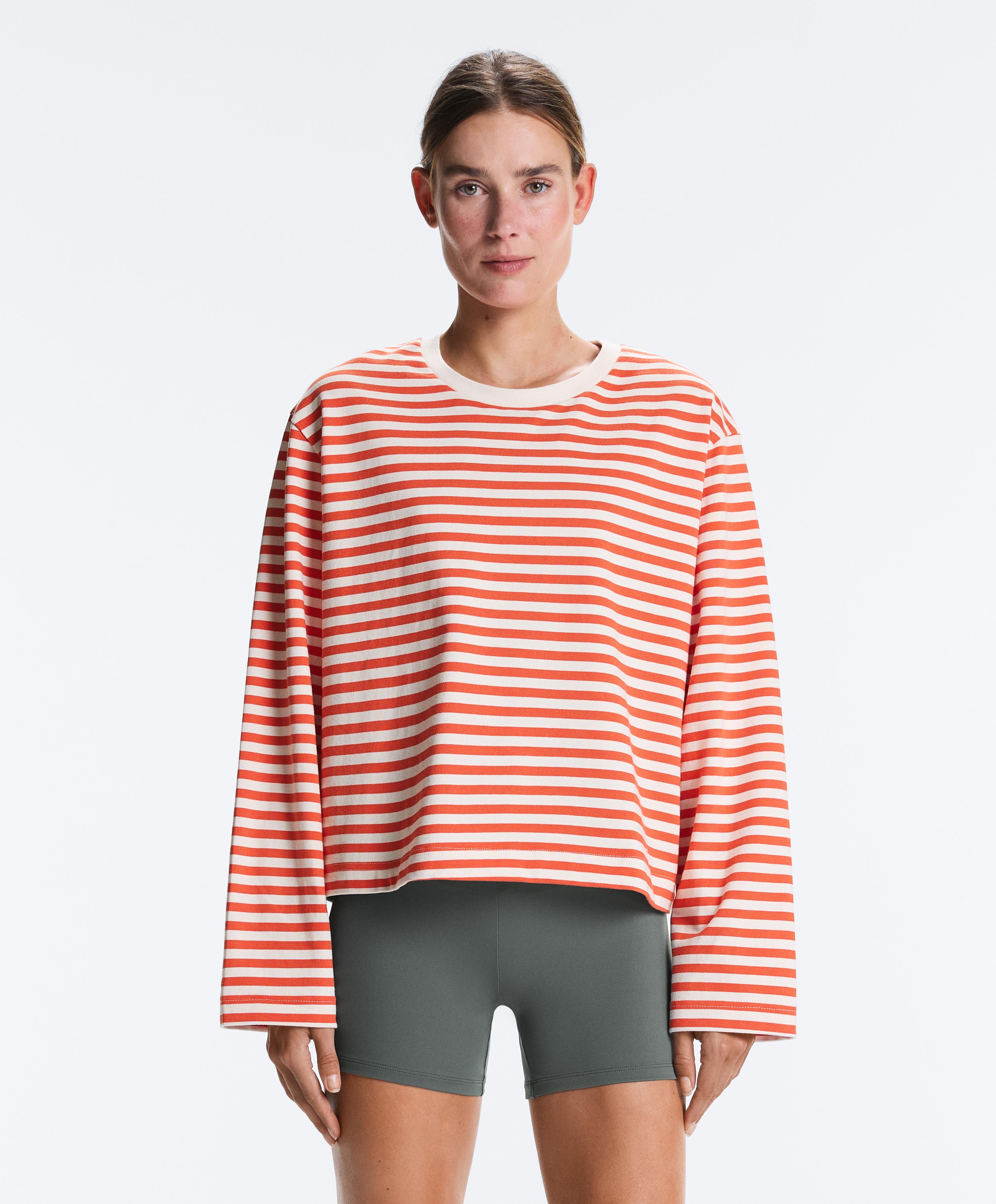 Boxy long-sleeved stripe 100% cotton T-shirt — BRIGHT ORANGE