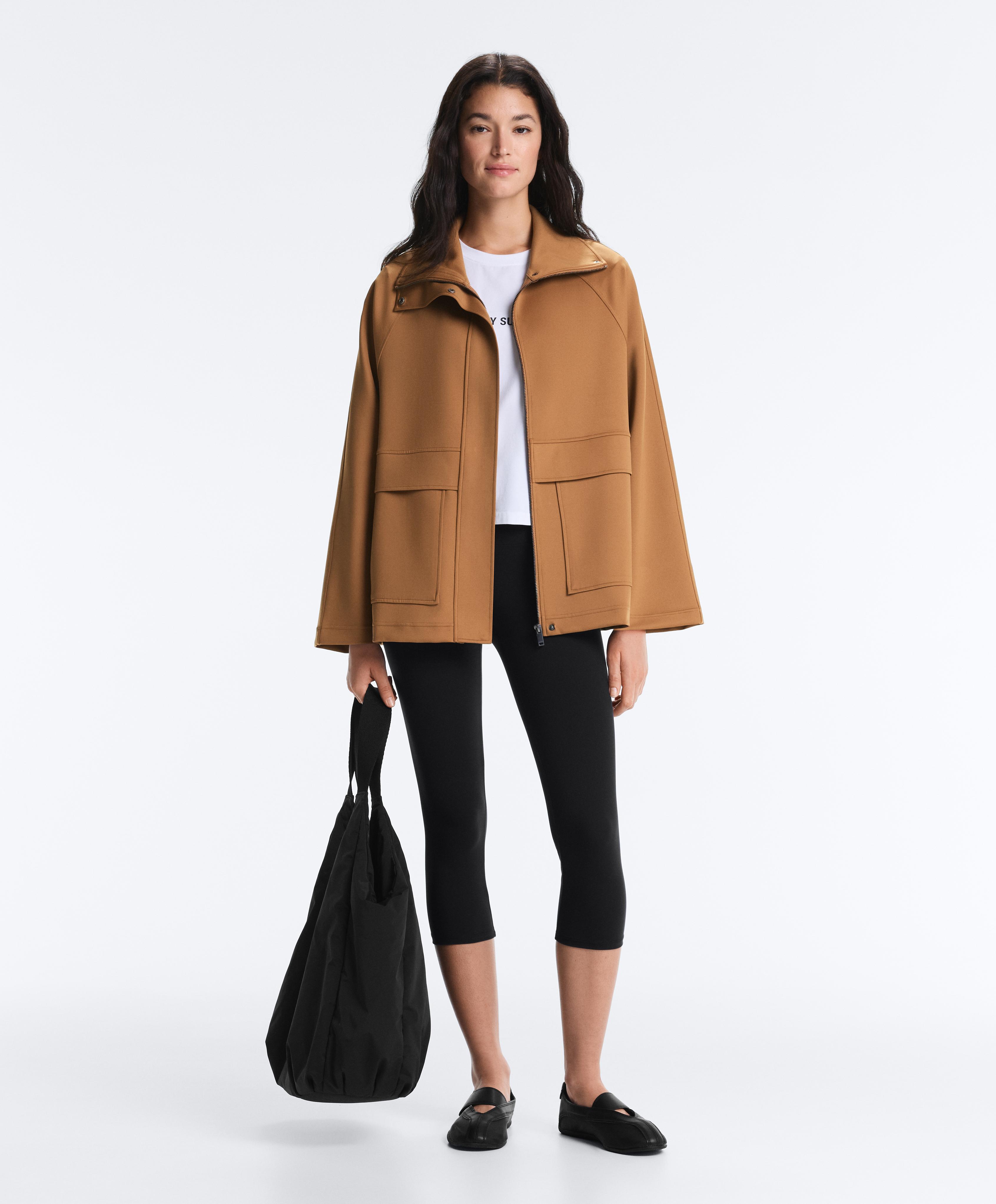 Long neoprene-effect jacket — PALE BROWN