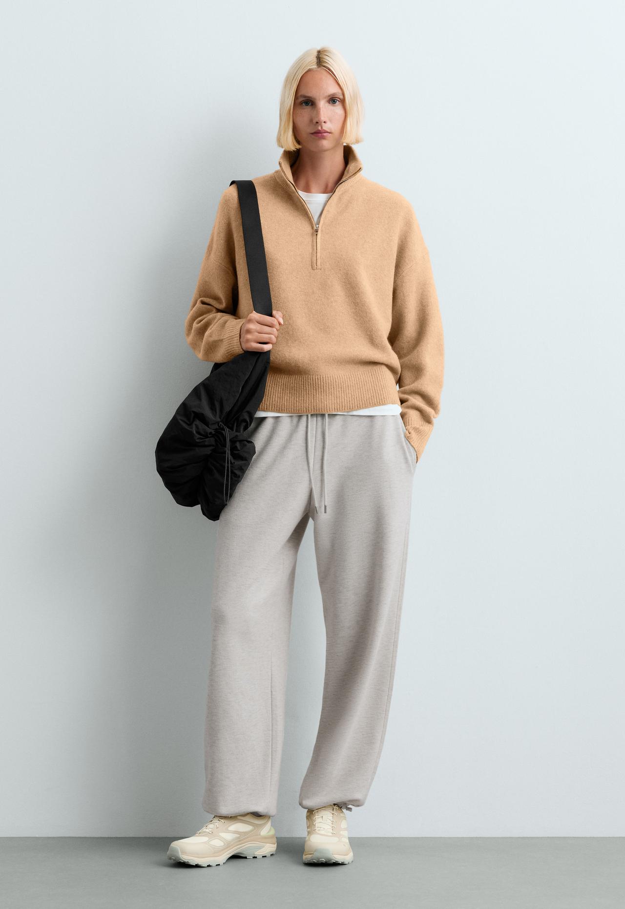 High-neck knit jumper with half-zip — CAMEL
