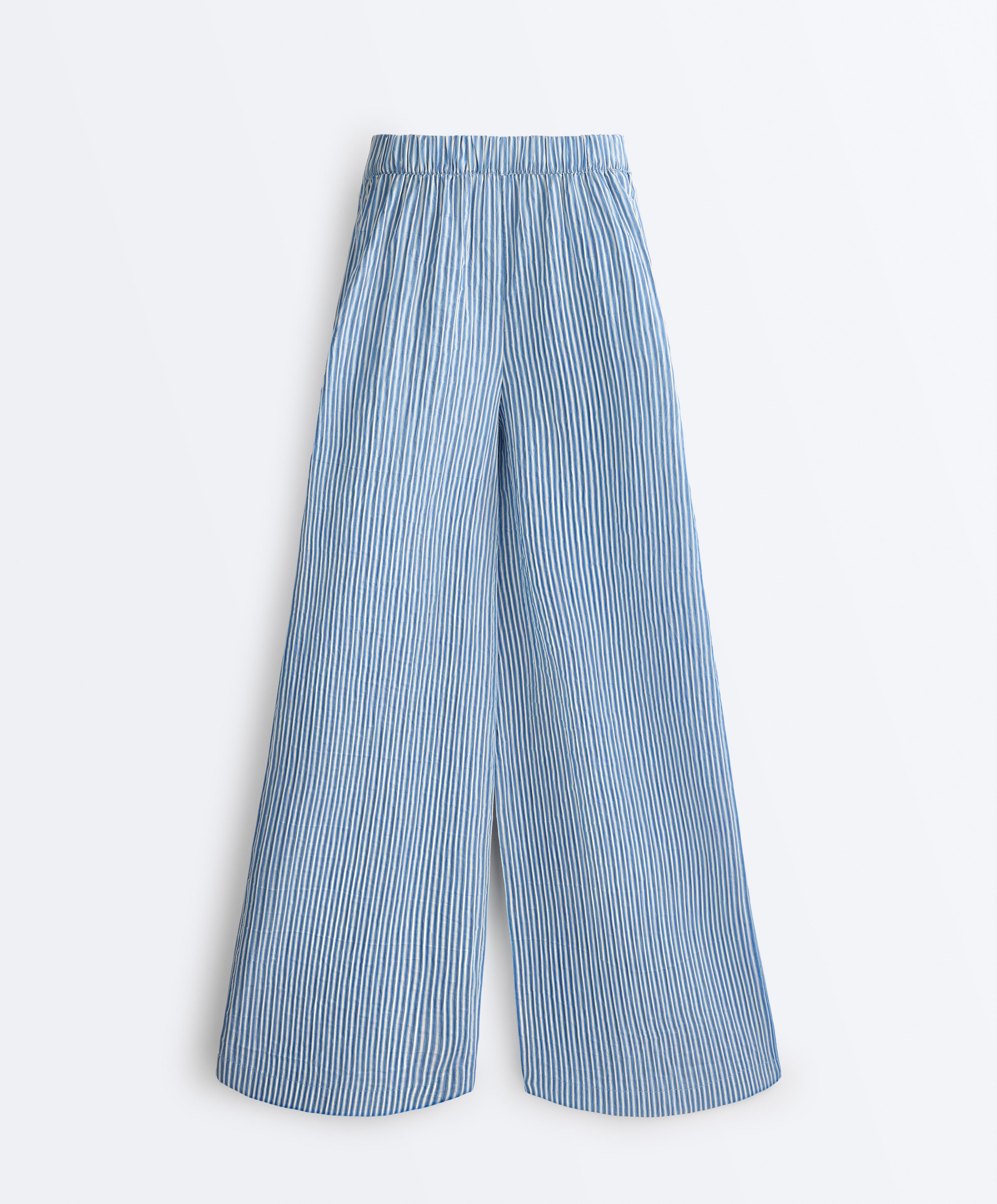 Cotton blend striped straight-leg trousers — MID-BLUE