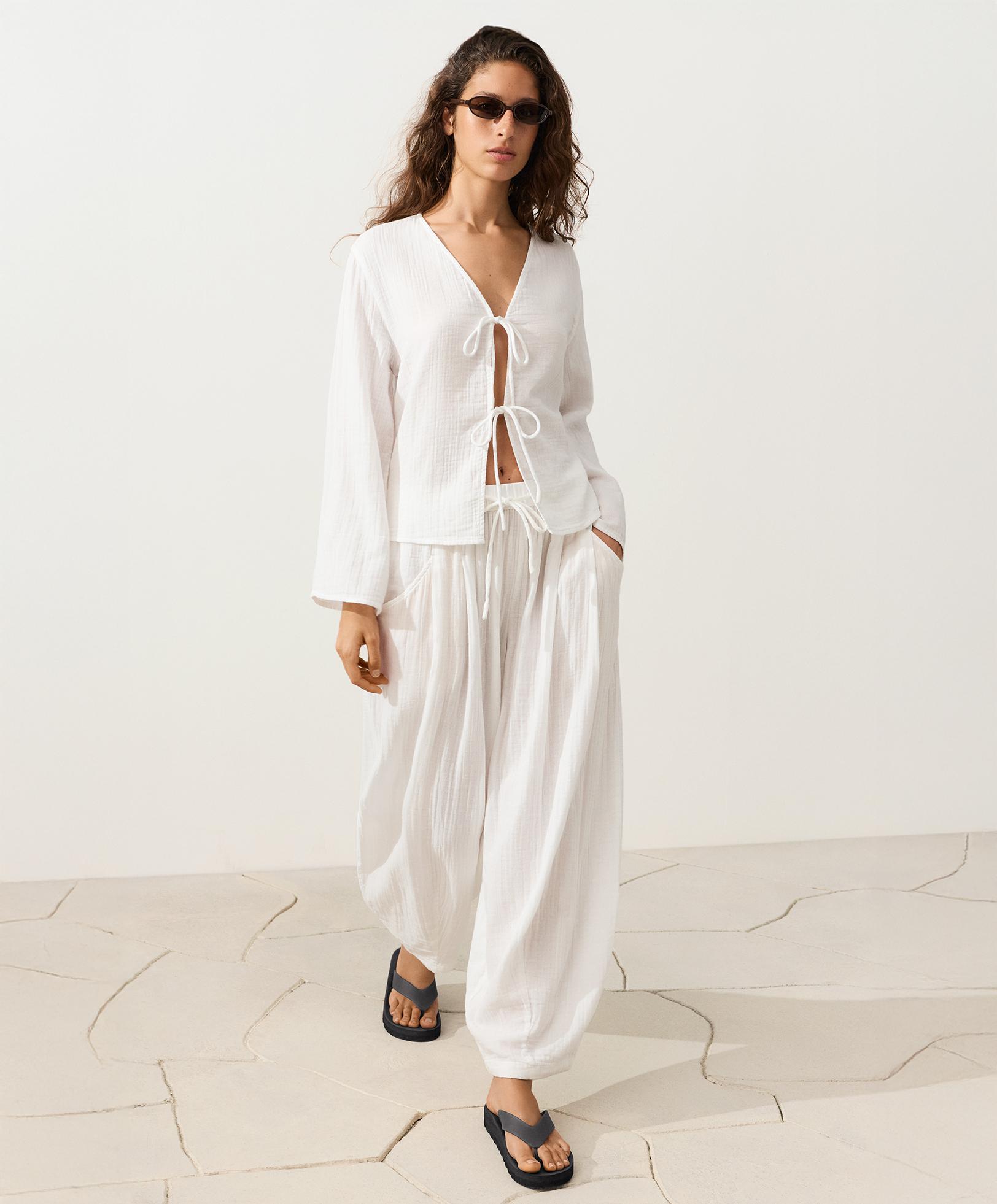100% cotton gauze balloon trousers — WHITE 