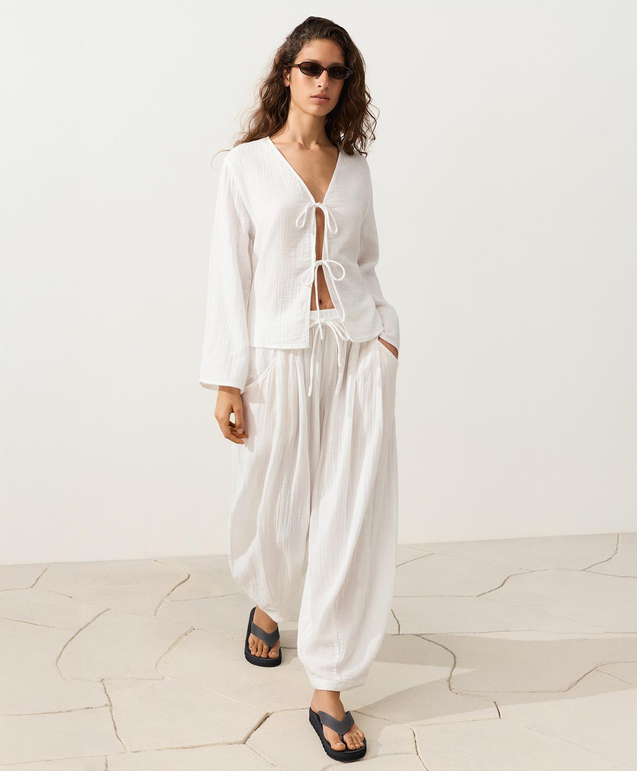 100% cotton gauze balloon trousers — WHITE