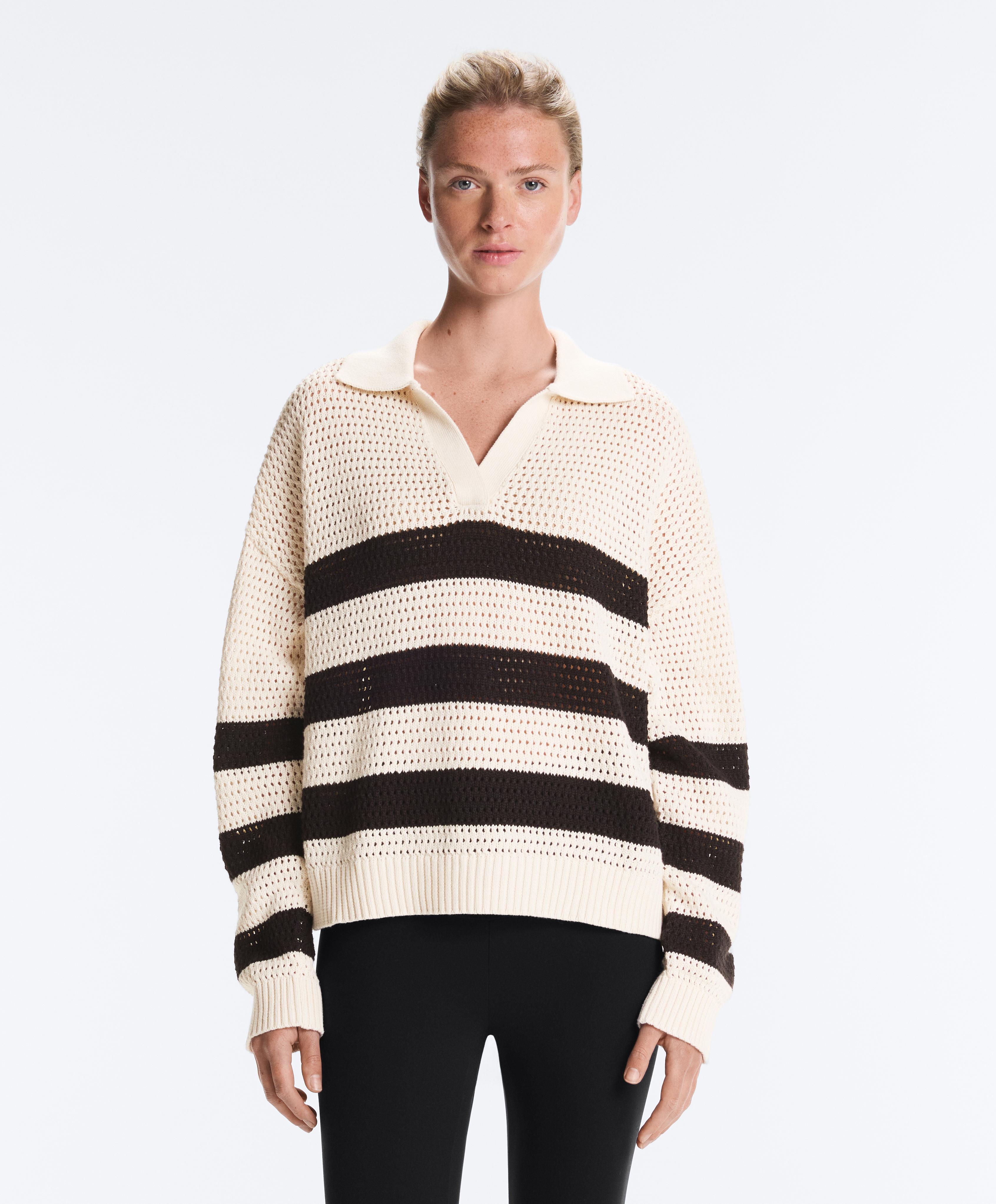 100% cotton striped open knit long-sleeve polo shirt — ECRU