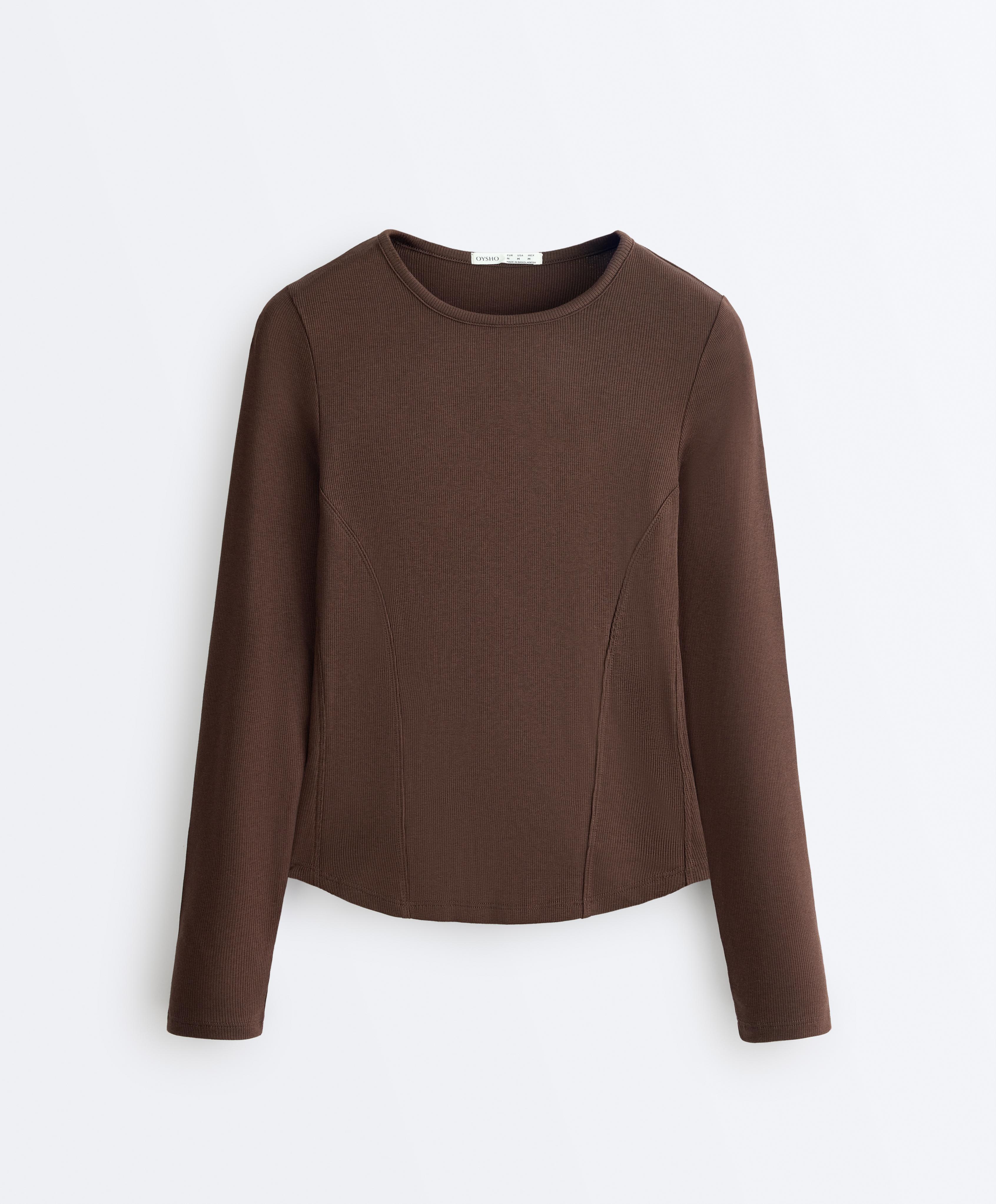 Fitted long sleeve rib T-shirt with cotton and modal — BROWN