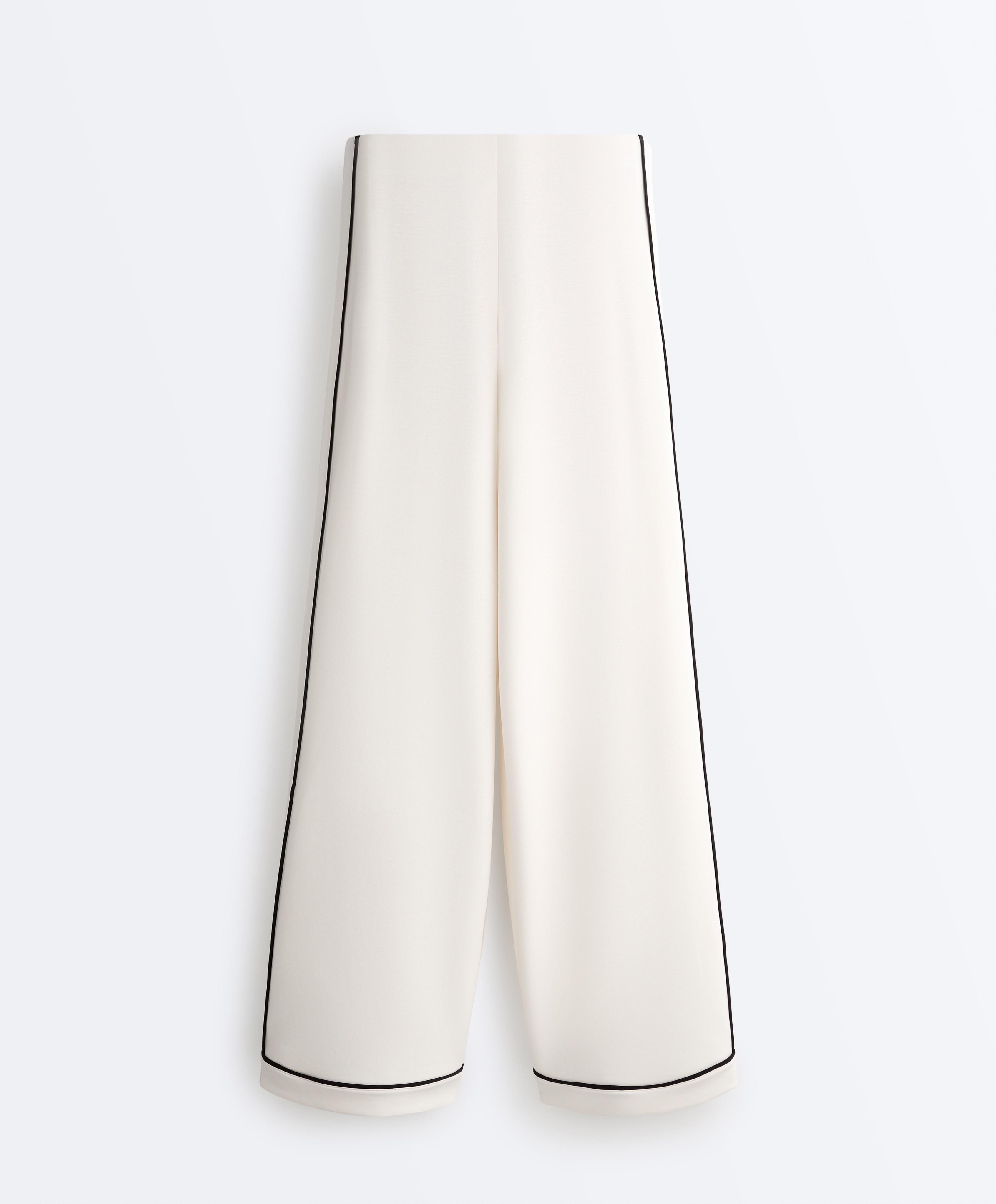 Soft-touch modal wide-leg trousers with contrast piping — PALE ECRU
