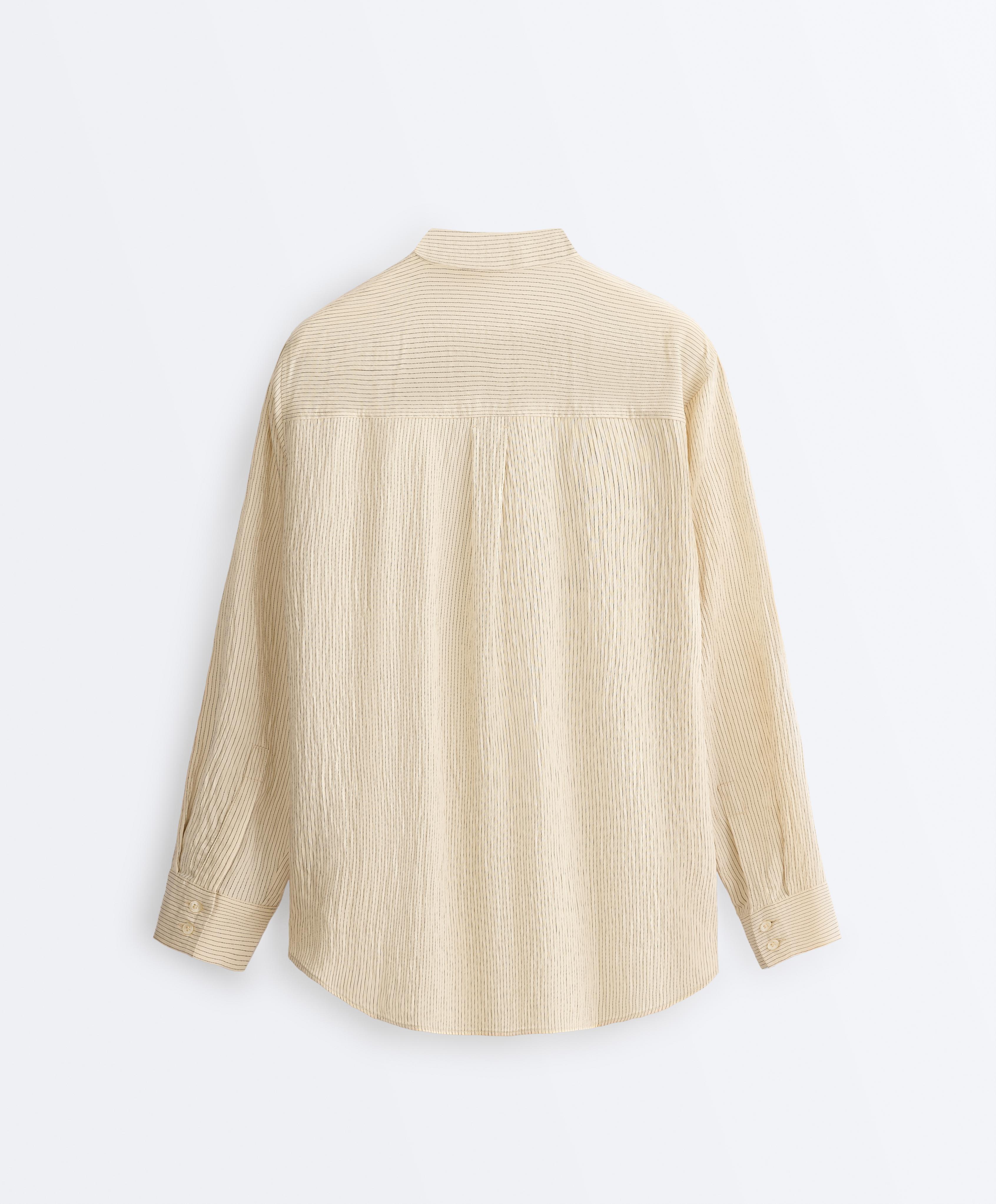 Striped modal blend stand-up collar shirt — PALE ECRU