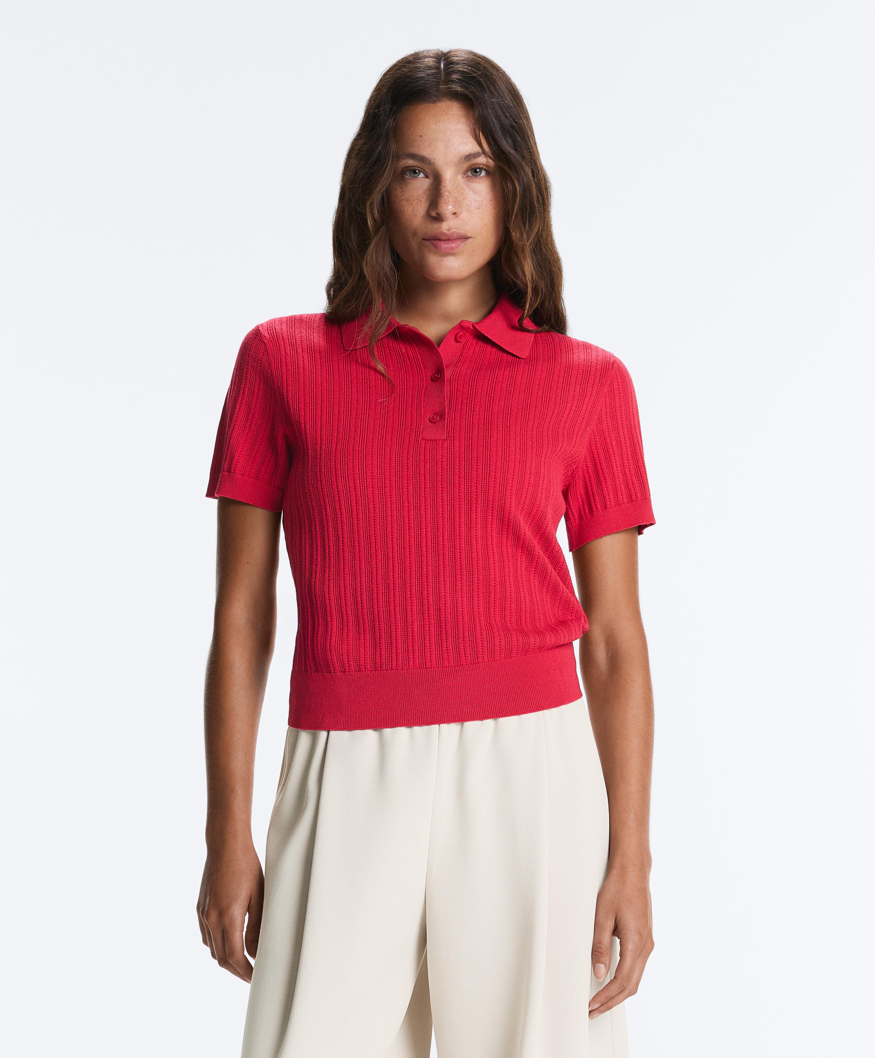 Short sleeve open knit polo shirt — RED