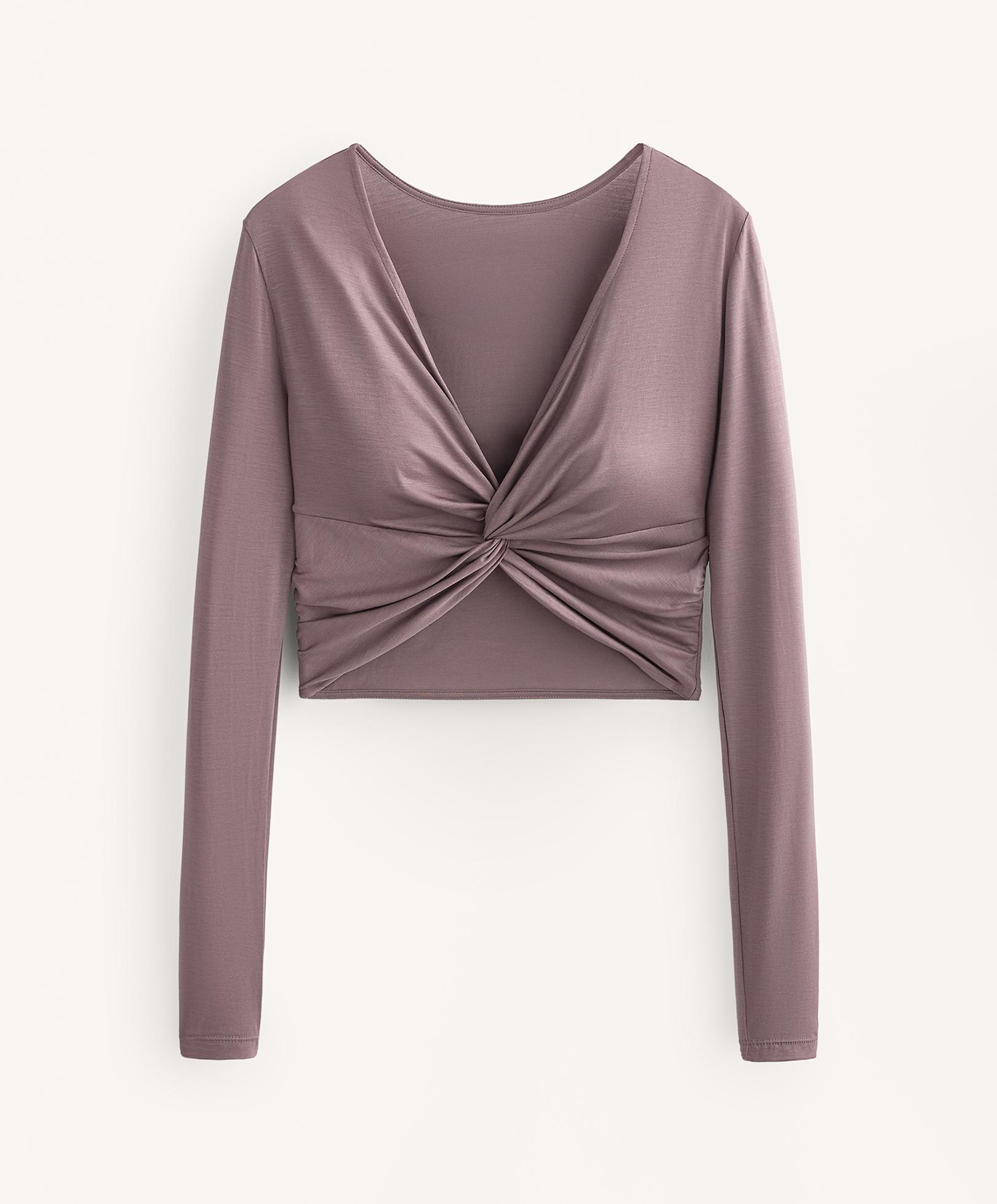 Multi-position long sleeve knotted lyocell blend T-shirt — GREY-LILAC