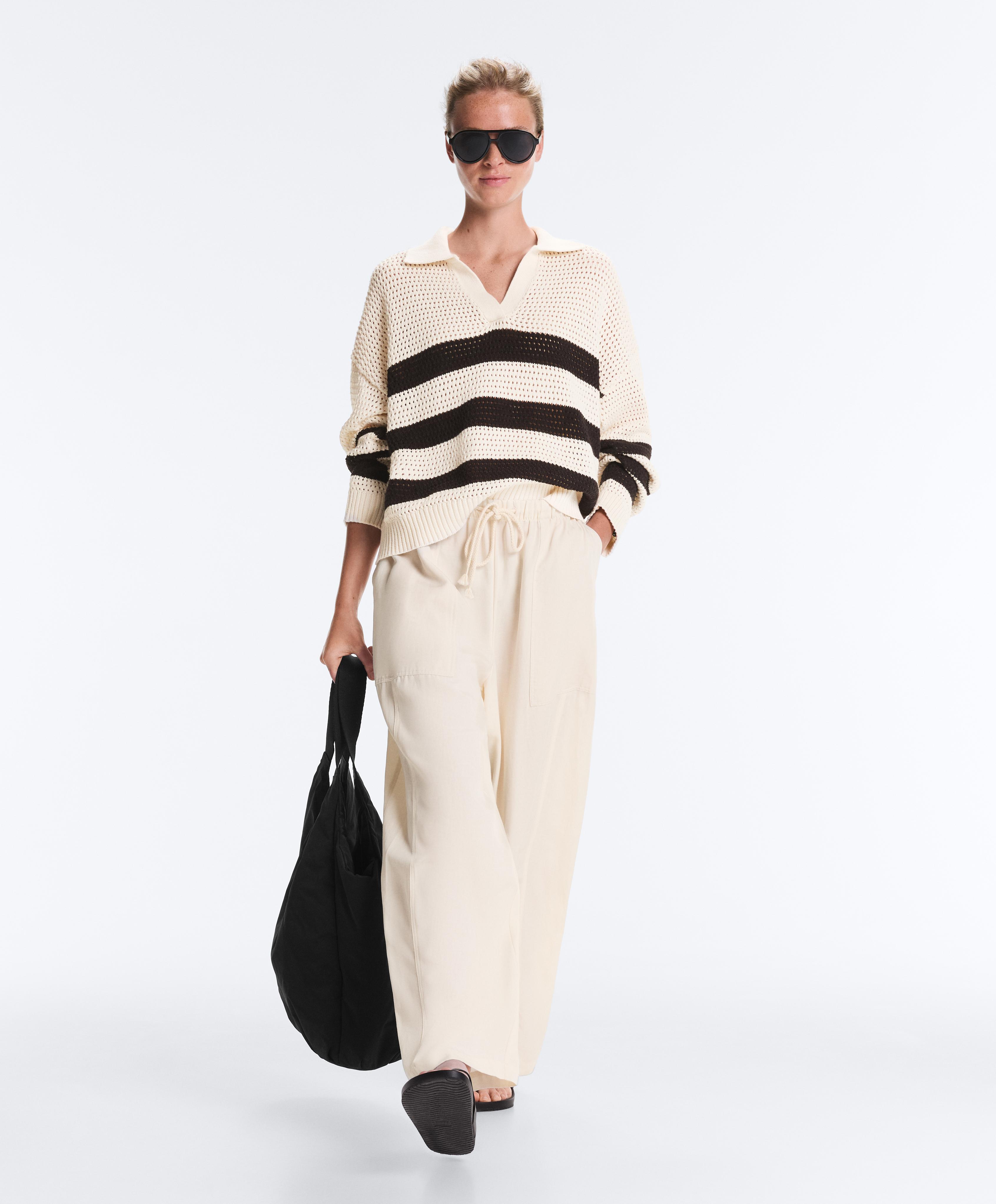 100% cotton striped open knit long-sleeve polo shirt — ECRU