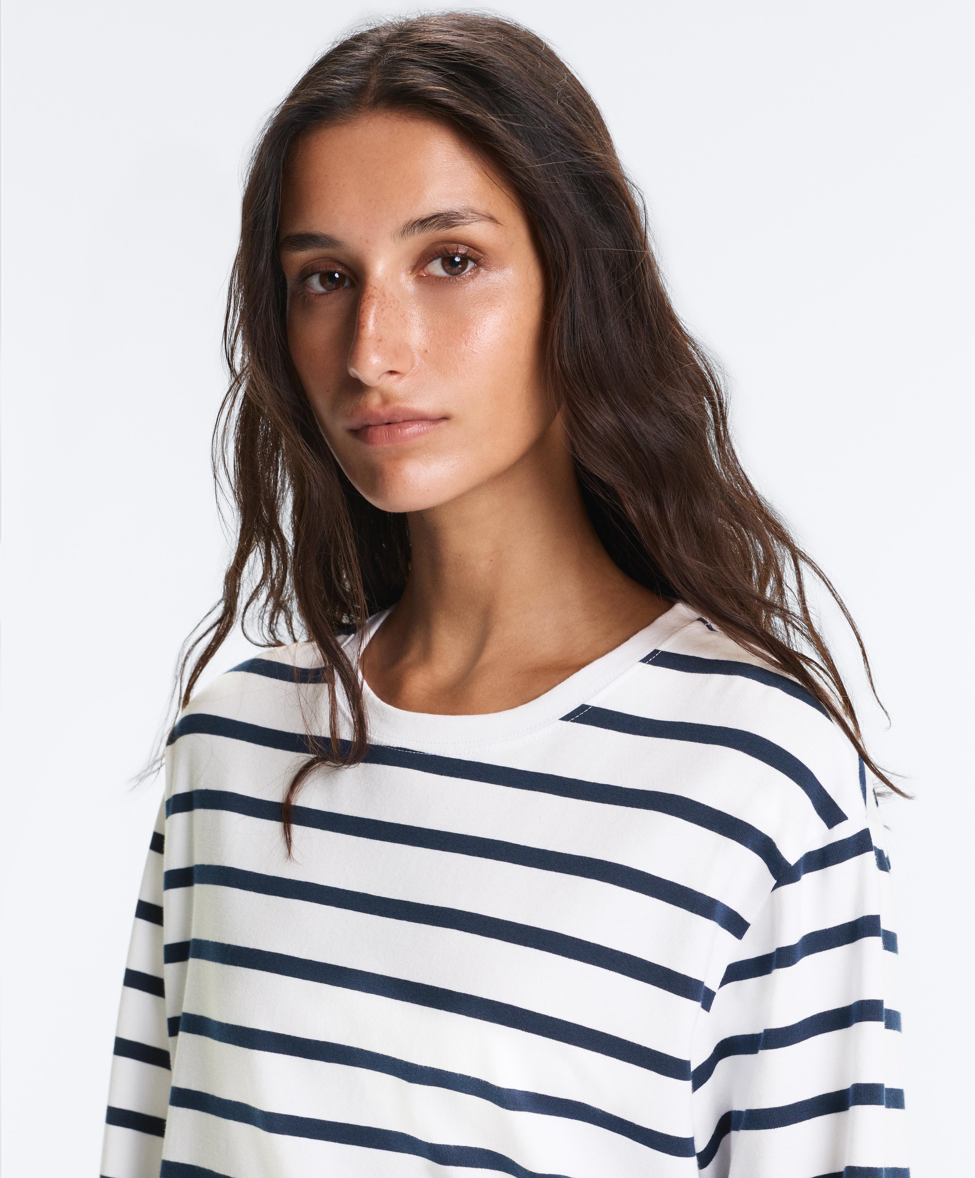 Boxy oversize striped cotton blend long sleeve T-shirt — NAVY BLUE