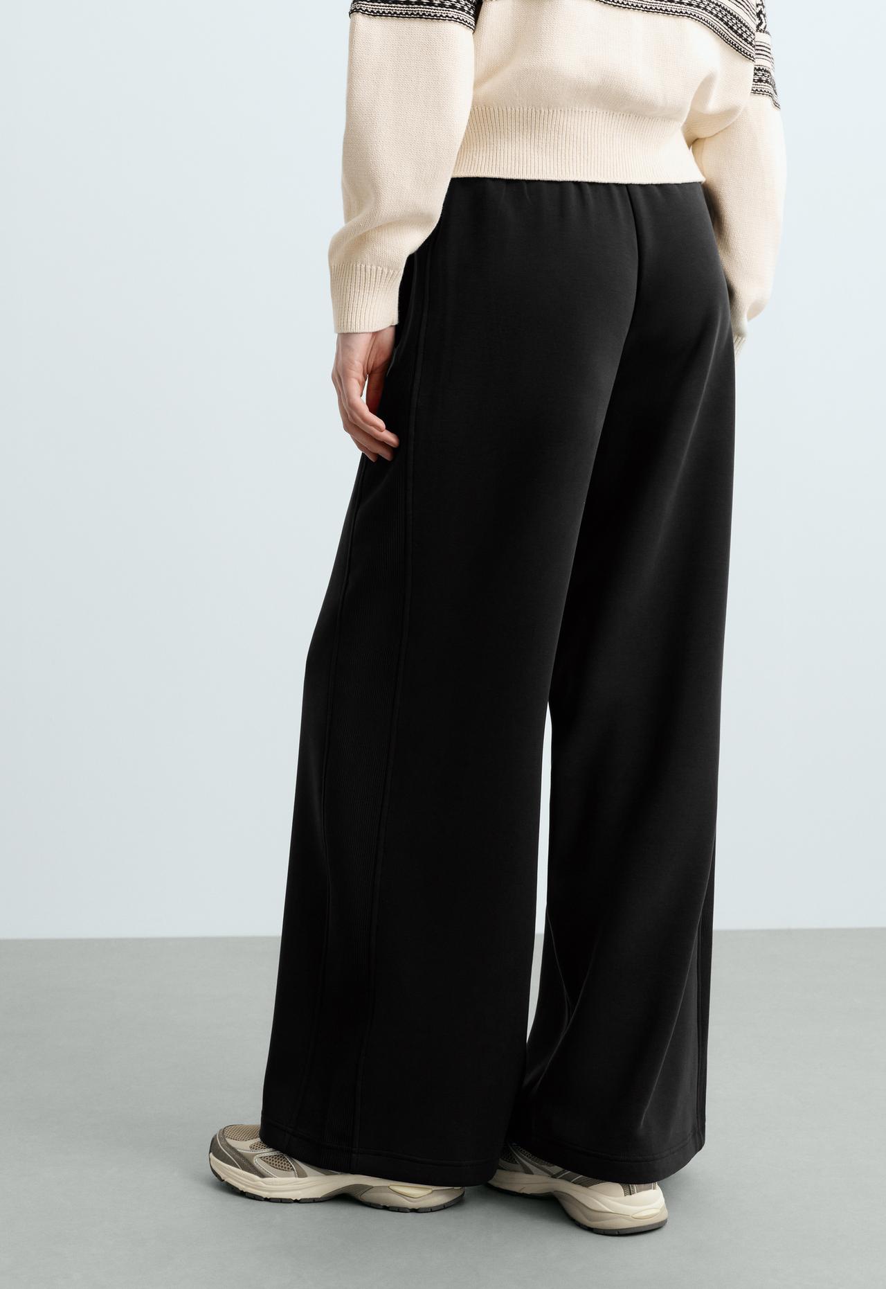 Side rib wide straight-leg trousers with brushed modal — BLACK