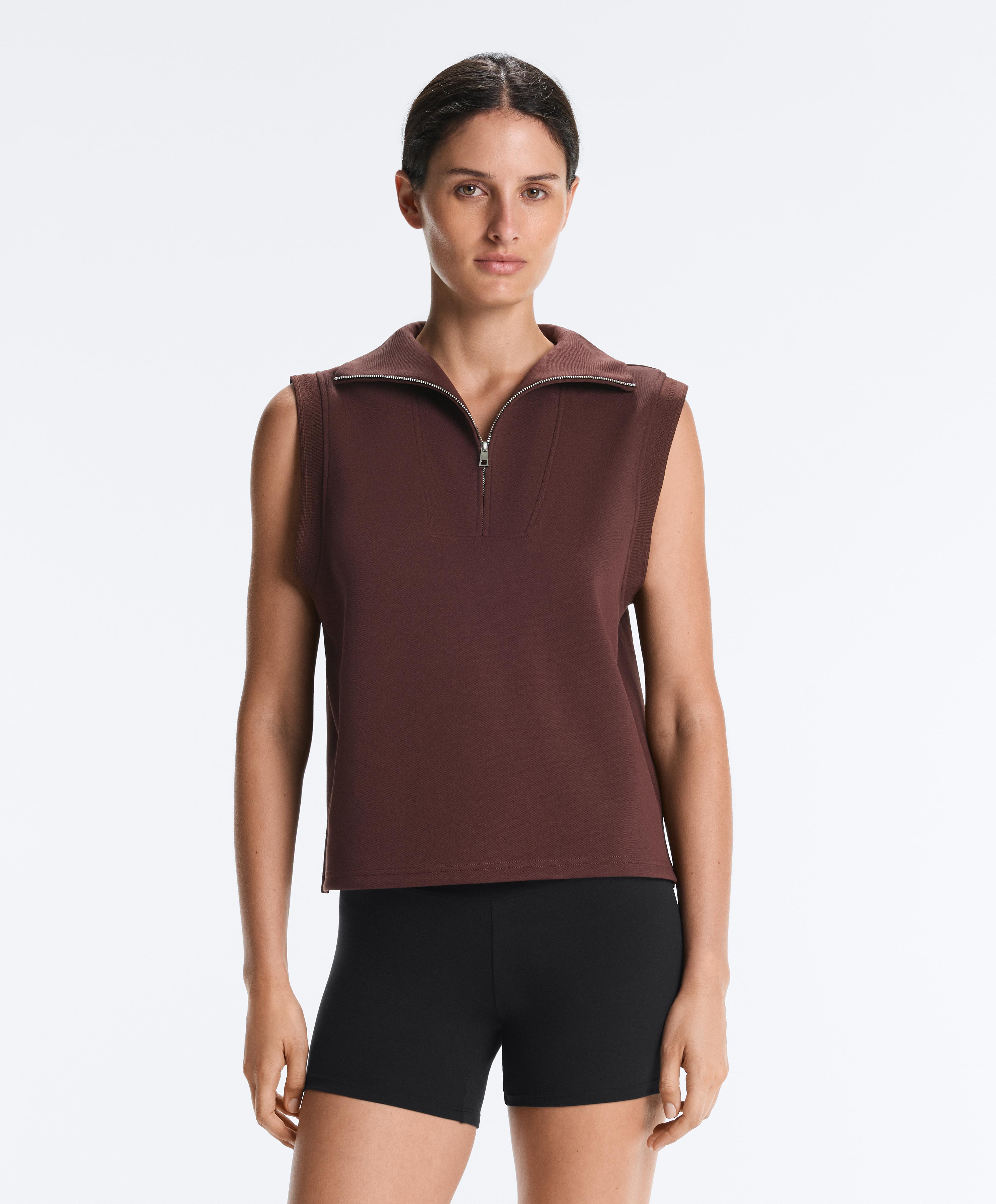 Cotton piqué sleeveless vest — CHOCOLATE