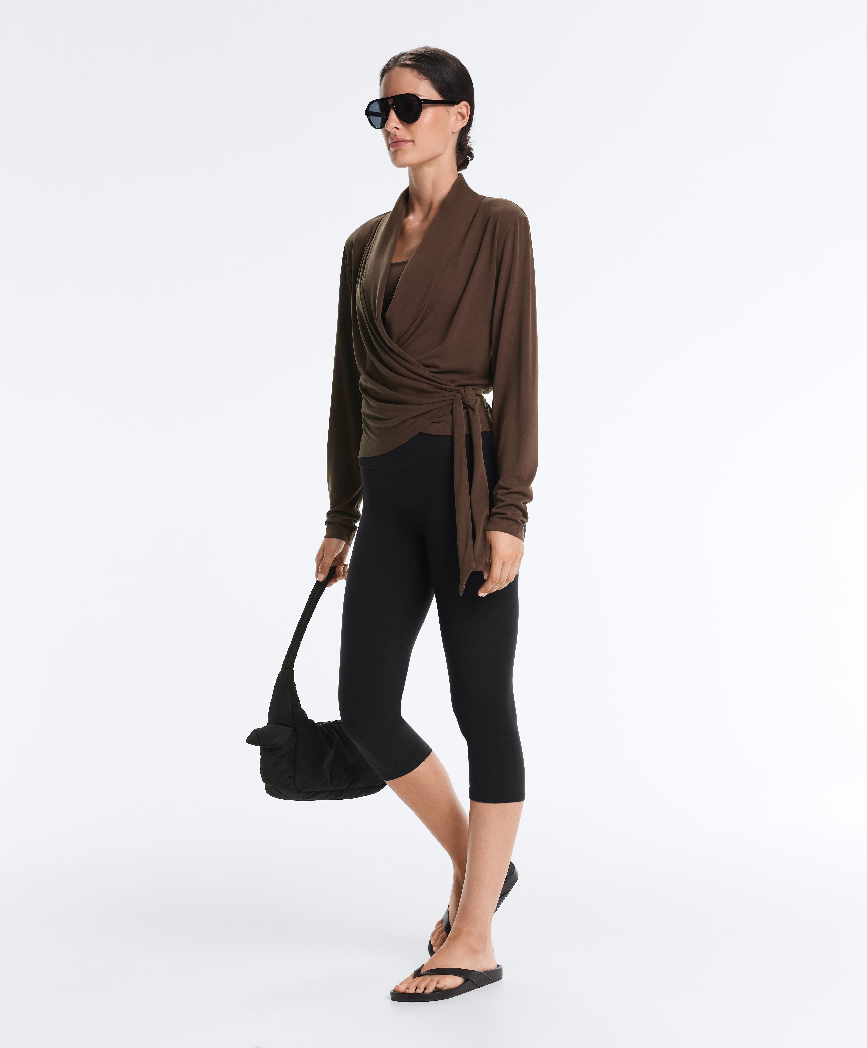 Modal blend long sleeve crossover T-shirt — DARK BROWN