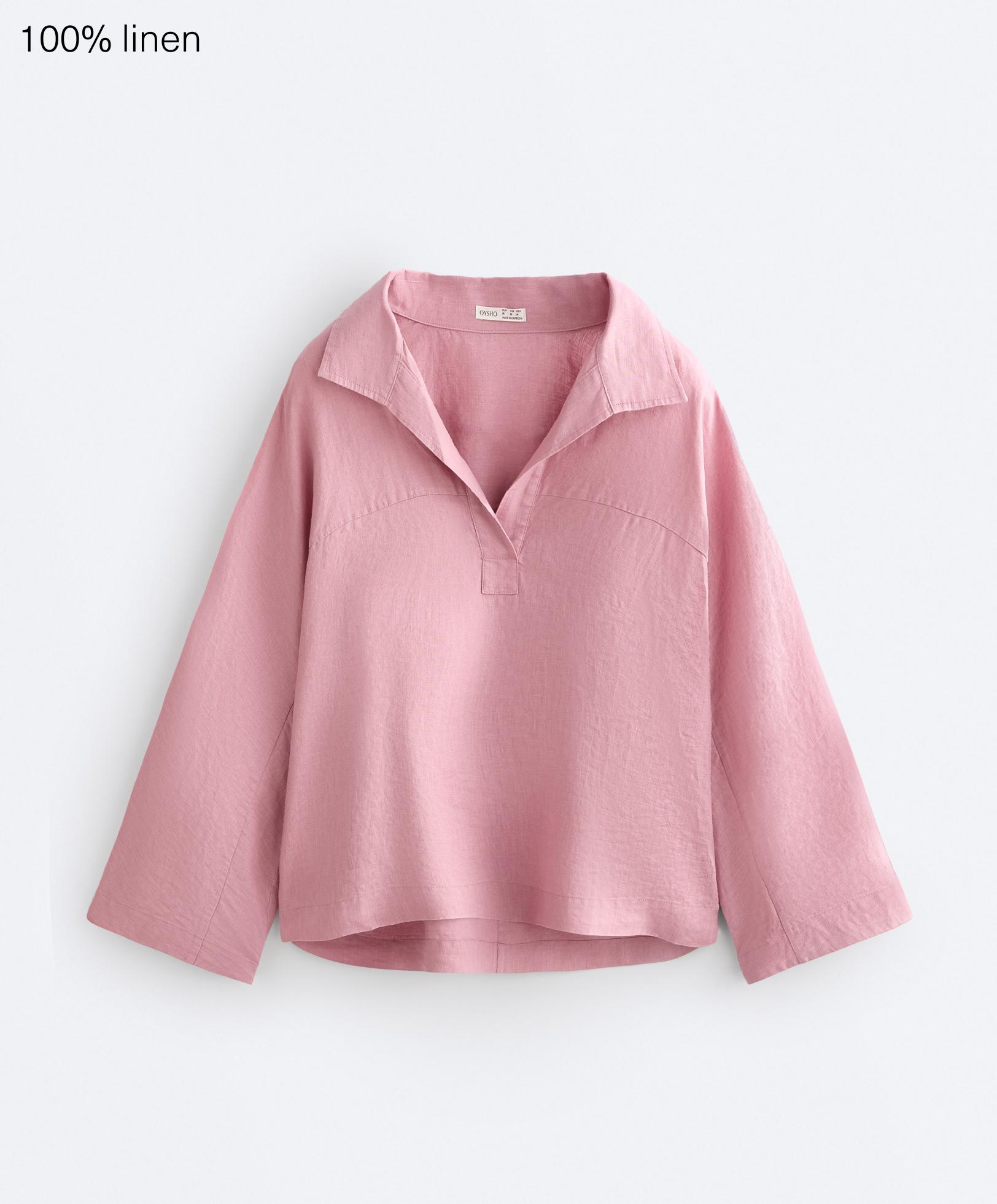Oversize long-sleeve 100% linen polo shirt — MID-PINK