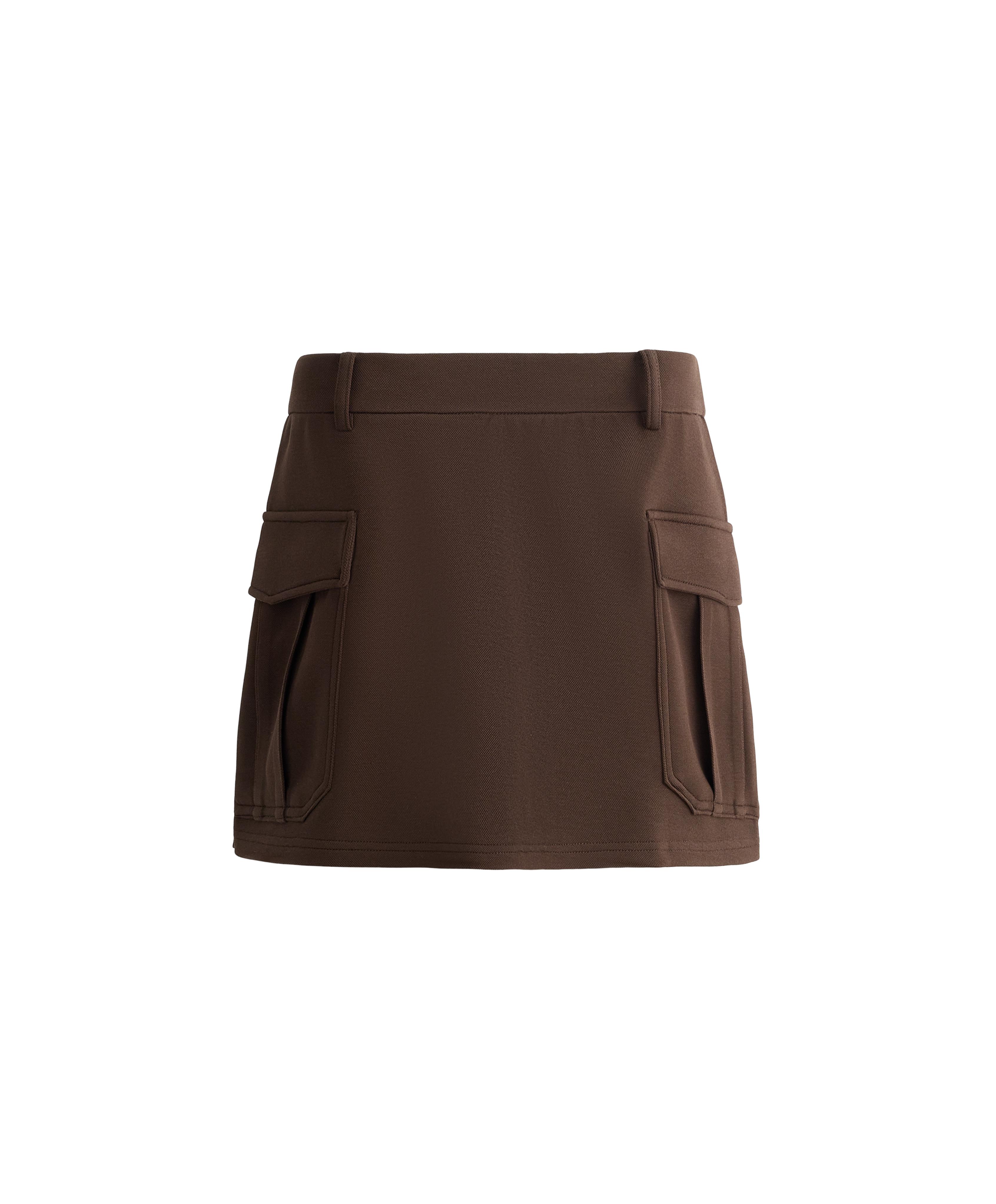 Short piqué skirt with cotton pockets — DARK BROWN