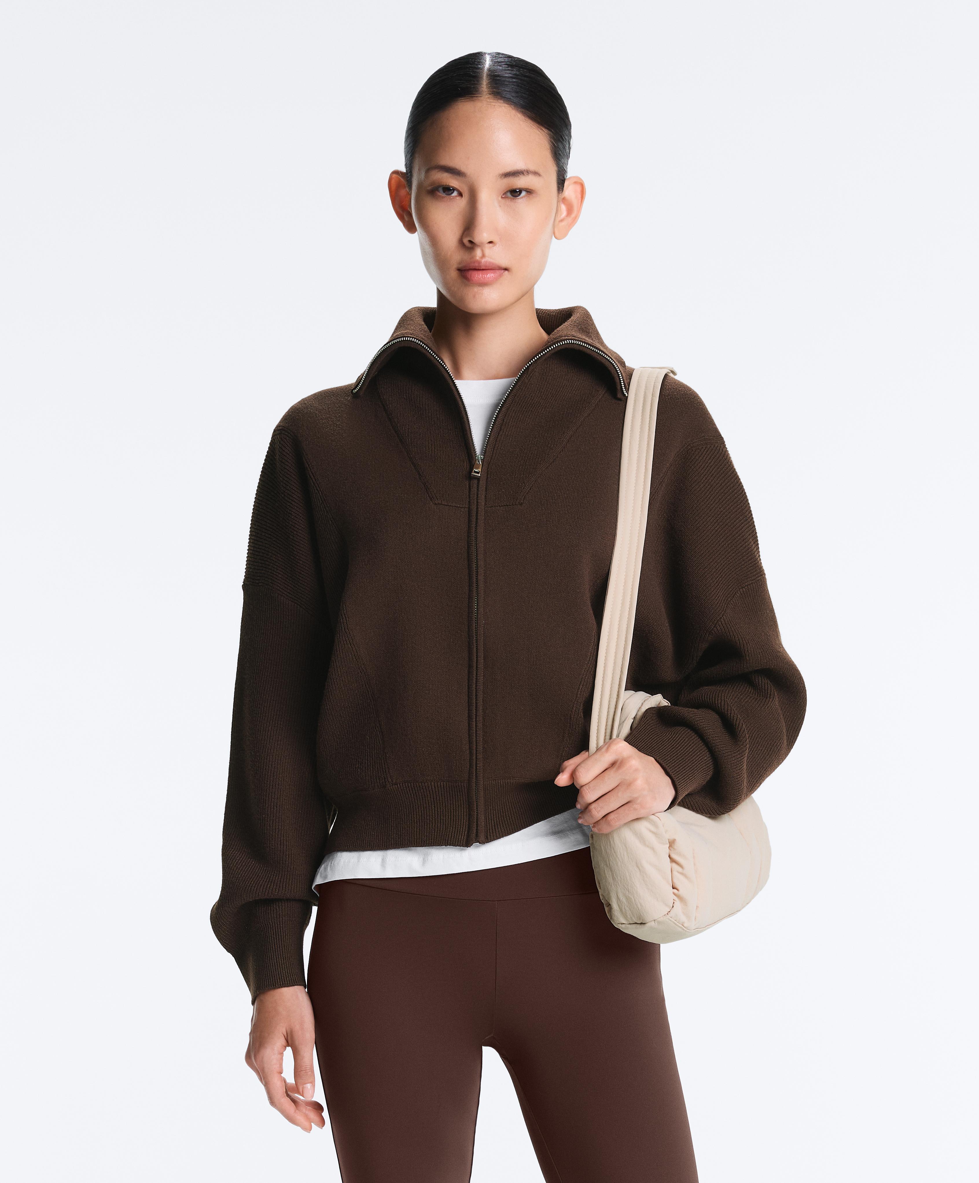Rib collar knit jacket — BROWN