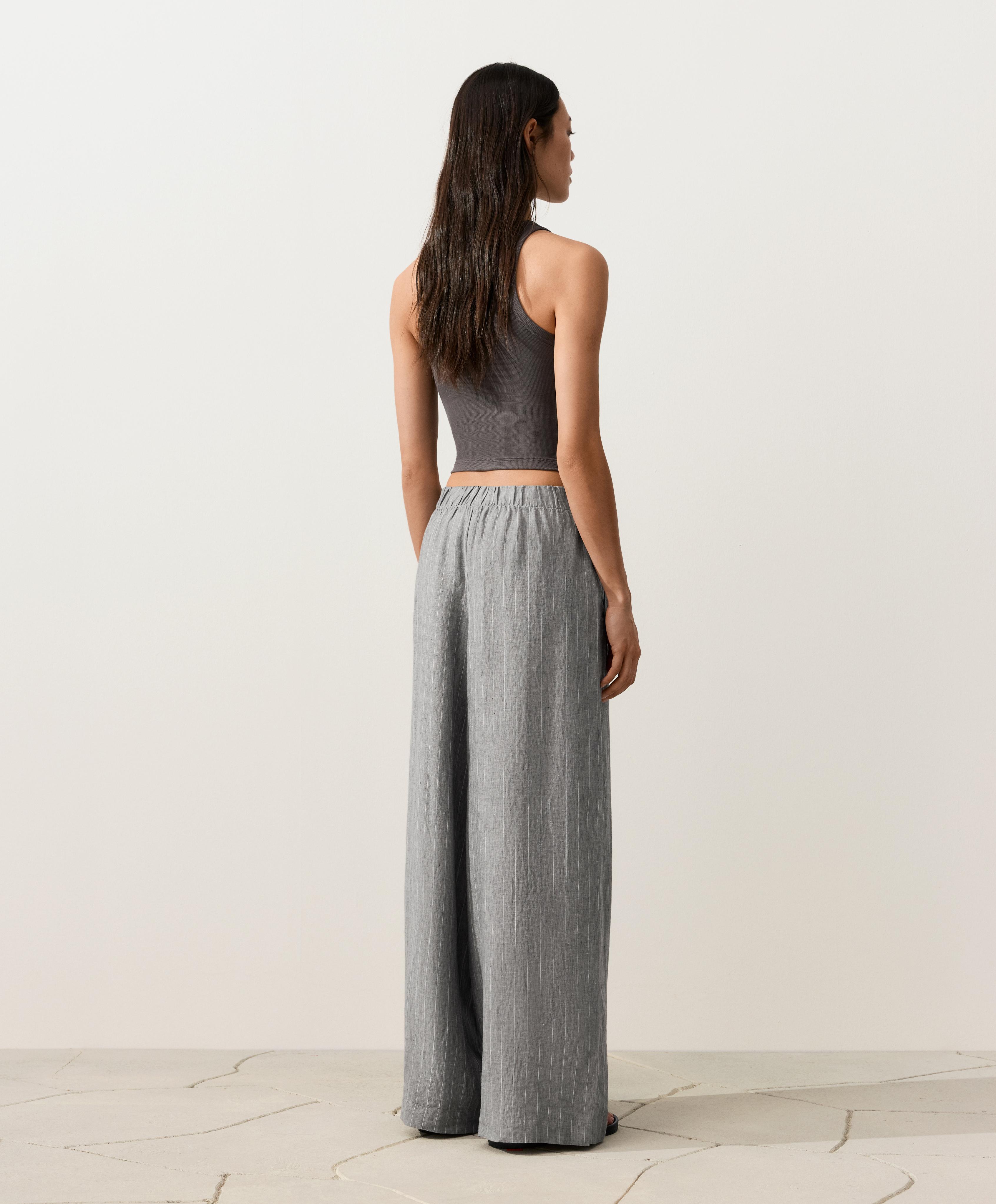 100% linen wide-leg striped trousers — MID GREY
