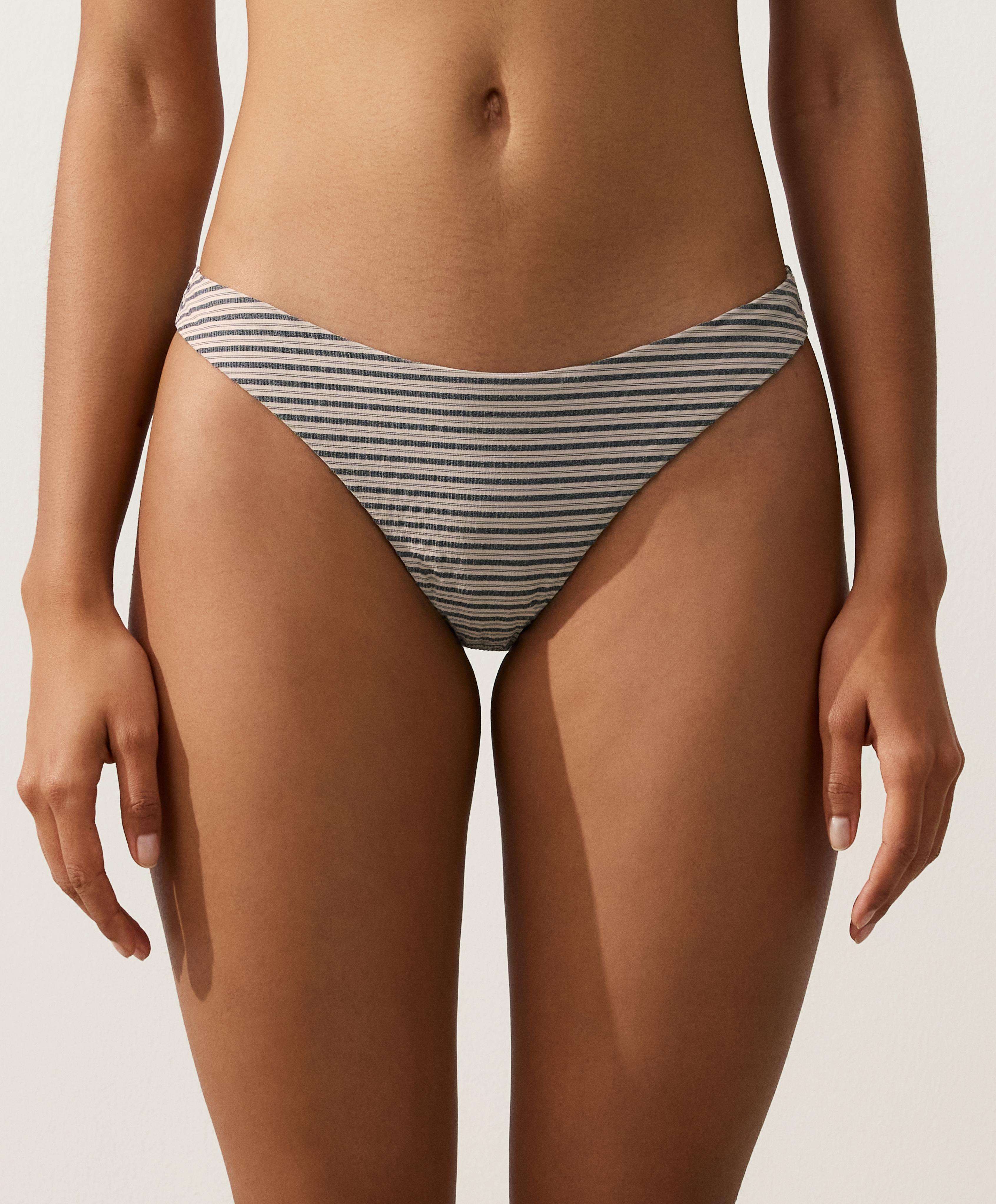 Striped U-cut medium-coverage bikini briefs — SAND