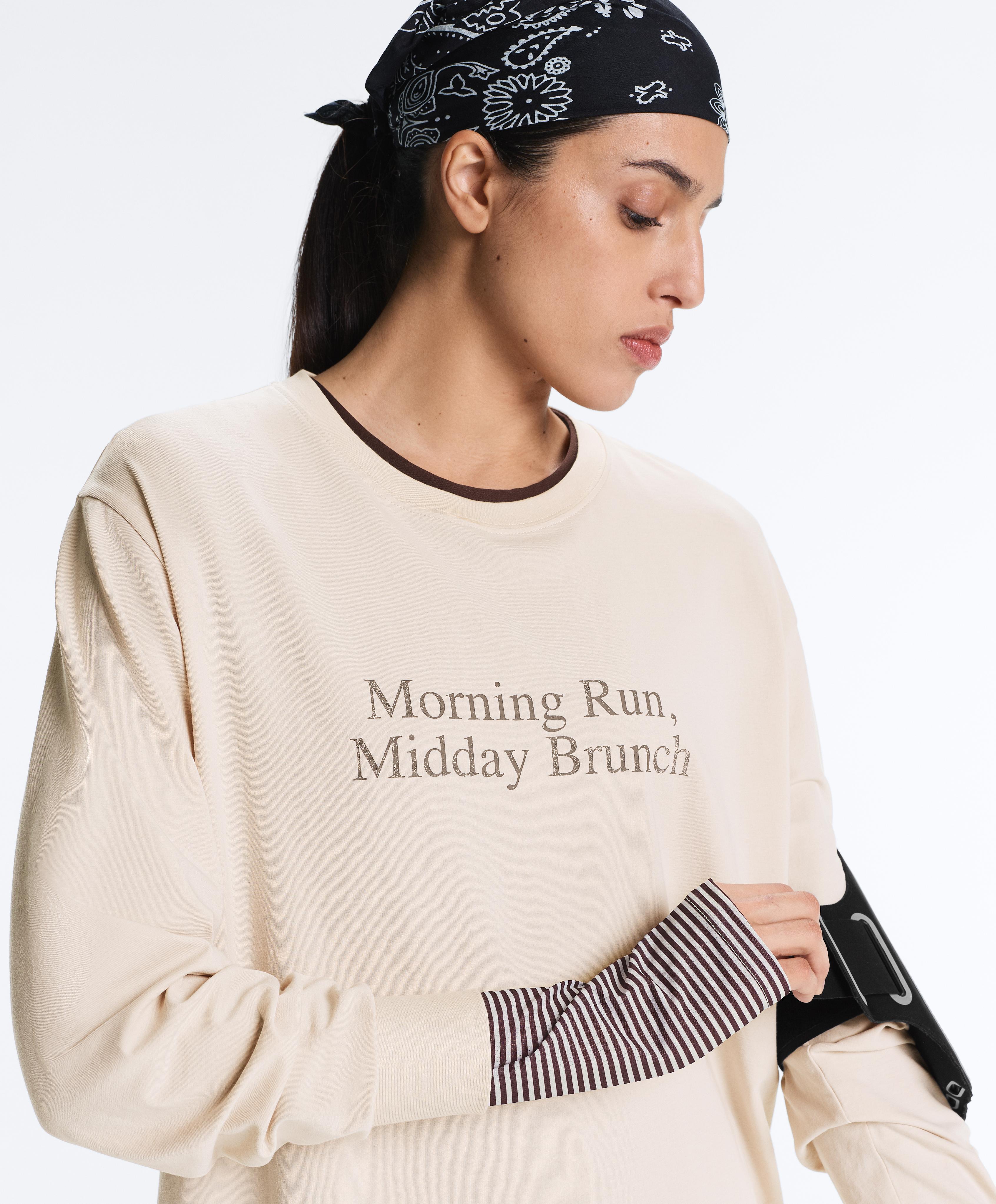 Oversize cotton blend long-sleeved T-shirt with slogan — SAND