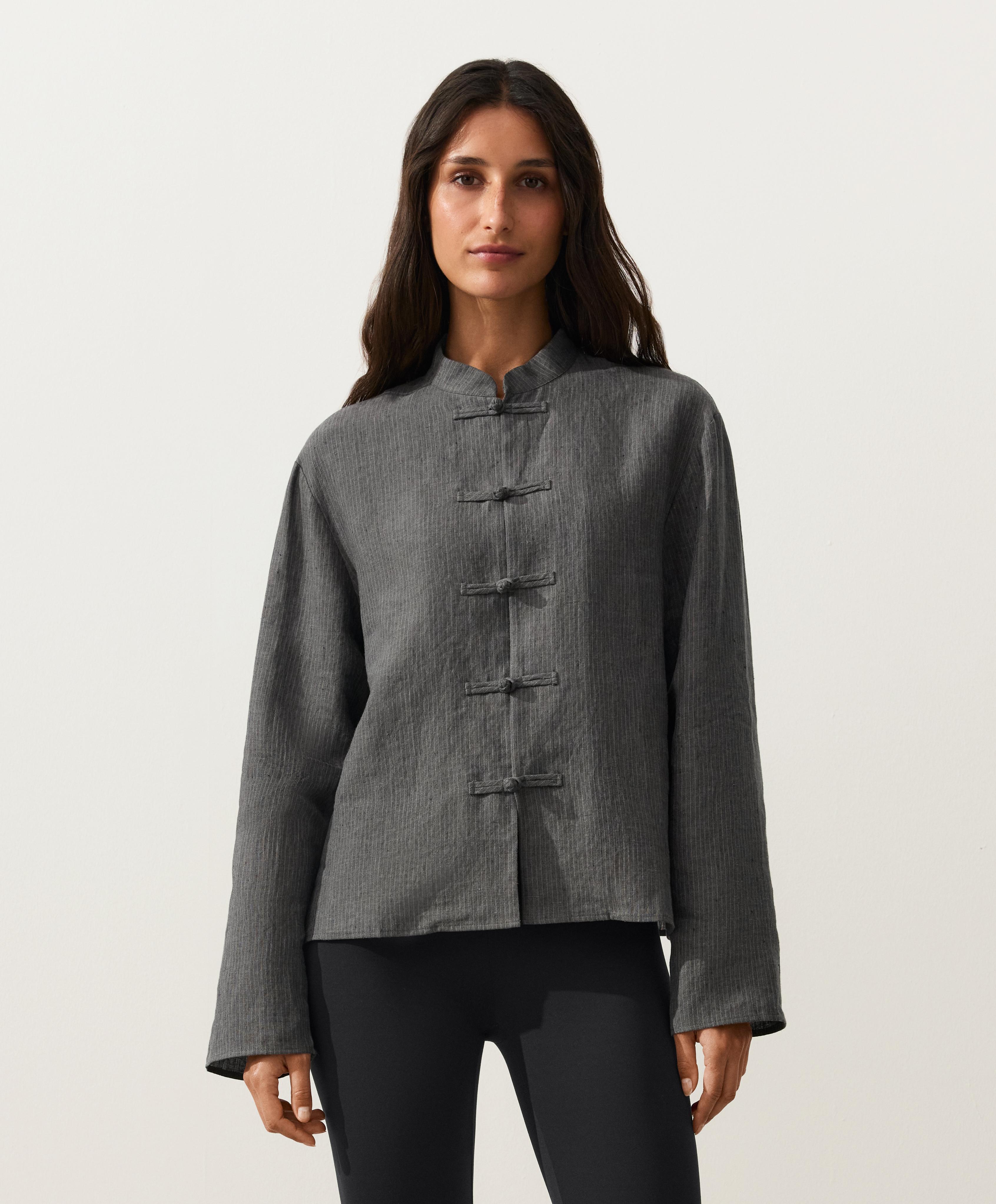 Striped 100% linen stand-up collar shirt — DARK ANTHRACITE